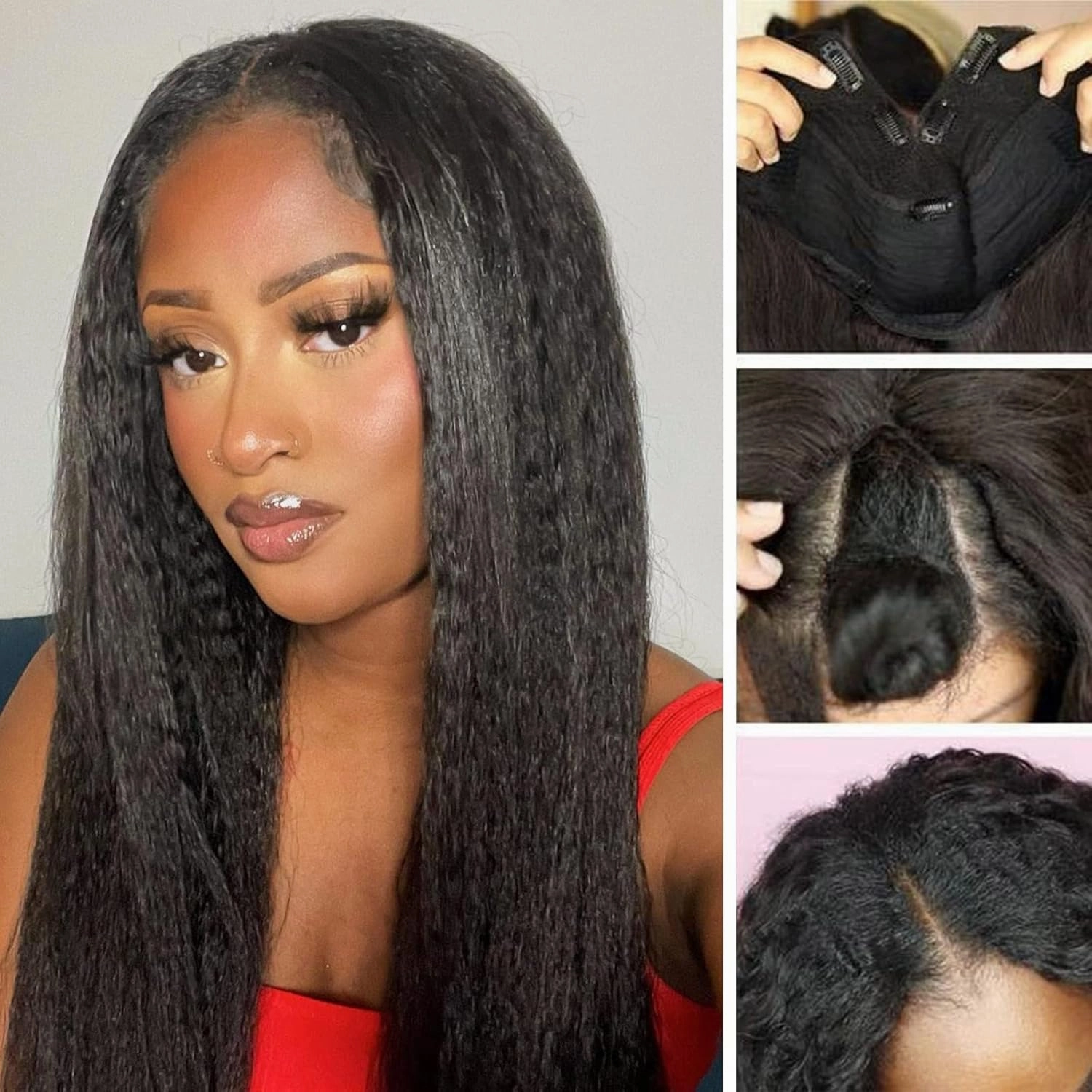 Aisaide Kinky Straight V Part Wig Upgrade U Part Yaki Straight V Shaped Wigs Synthetic Yaki Hair Natural Black No Leave Out Glueless Clip in Half for Black Women V Shape 20inch 1B