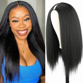 Aisaide Kinky Straight V Part Wig Upgrade U Part Yaki Straight V Shaped Wigs Synthetic Yaki Hair Natural Black No Leave Out Glueless Clip in Half for Black Women V Shape 20inch 1B
