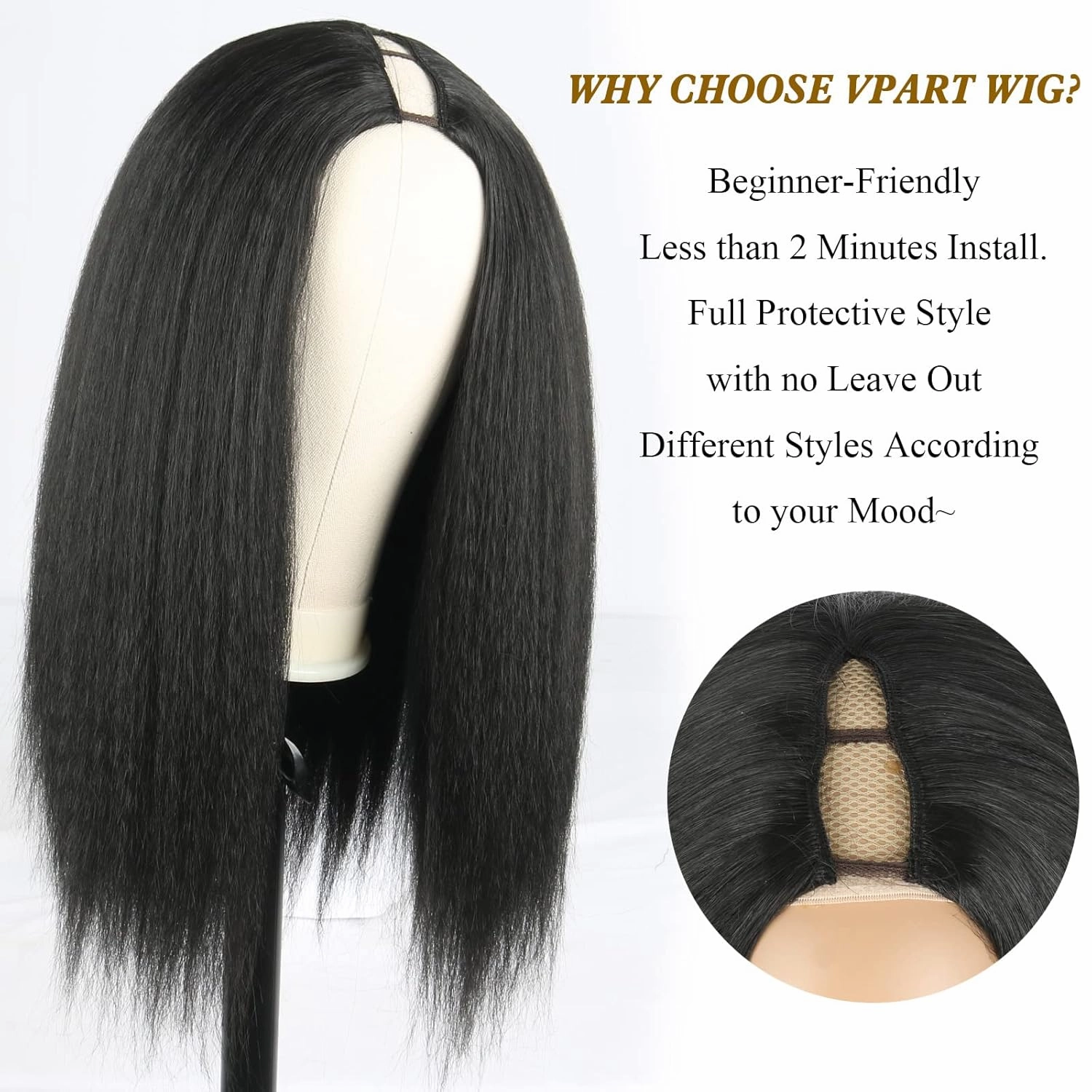 Aisaide Kinky Straight V Part Wig Upgrade U Part Yaki Straight V Shaped Wigs Synthetic Yaki Hair Natural Black No Leave Out Glueless Clip in Half for Black Women V Shape 20inch 1B