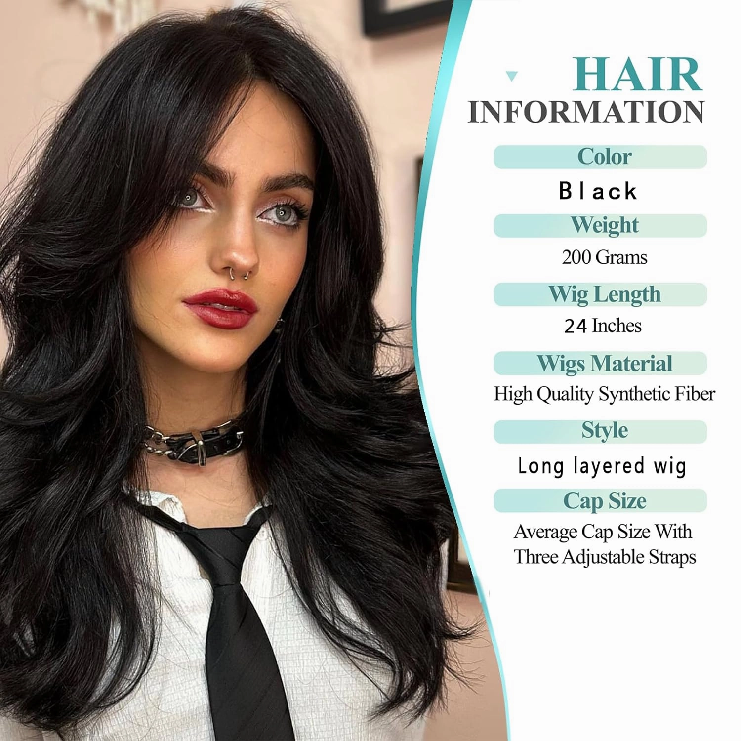 Aisaide Long Wavy Black Layered Wig with Curtain Bangs for Black Women,Synthetic Layered Long Wavy Wig Butterfly Haircut with Thin Hair for Women 24inch(1B)