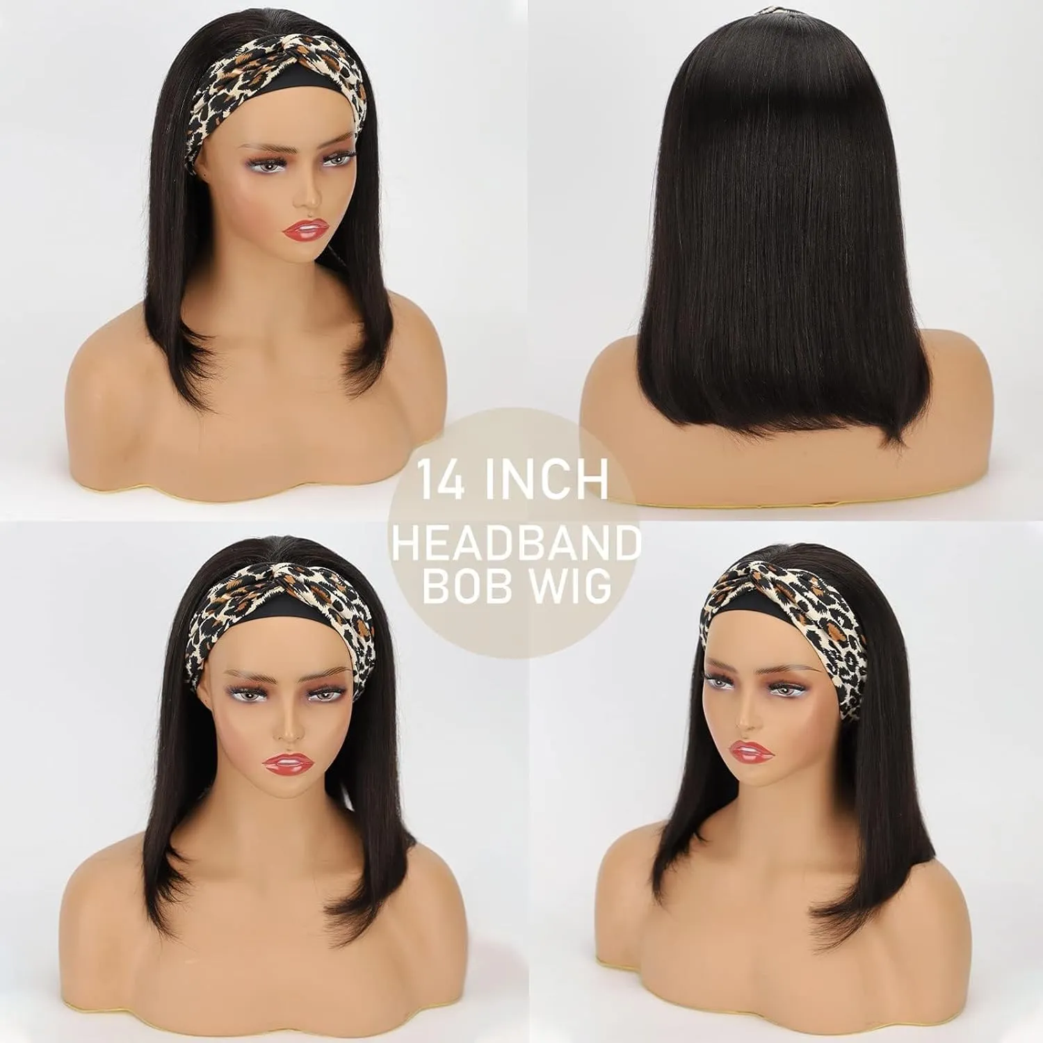 AISI QUEENS Short Bob Headband Wigs Human Hair for Black Women - Bob,Glueless,14 Inch