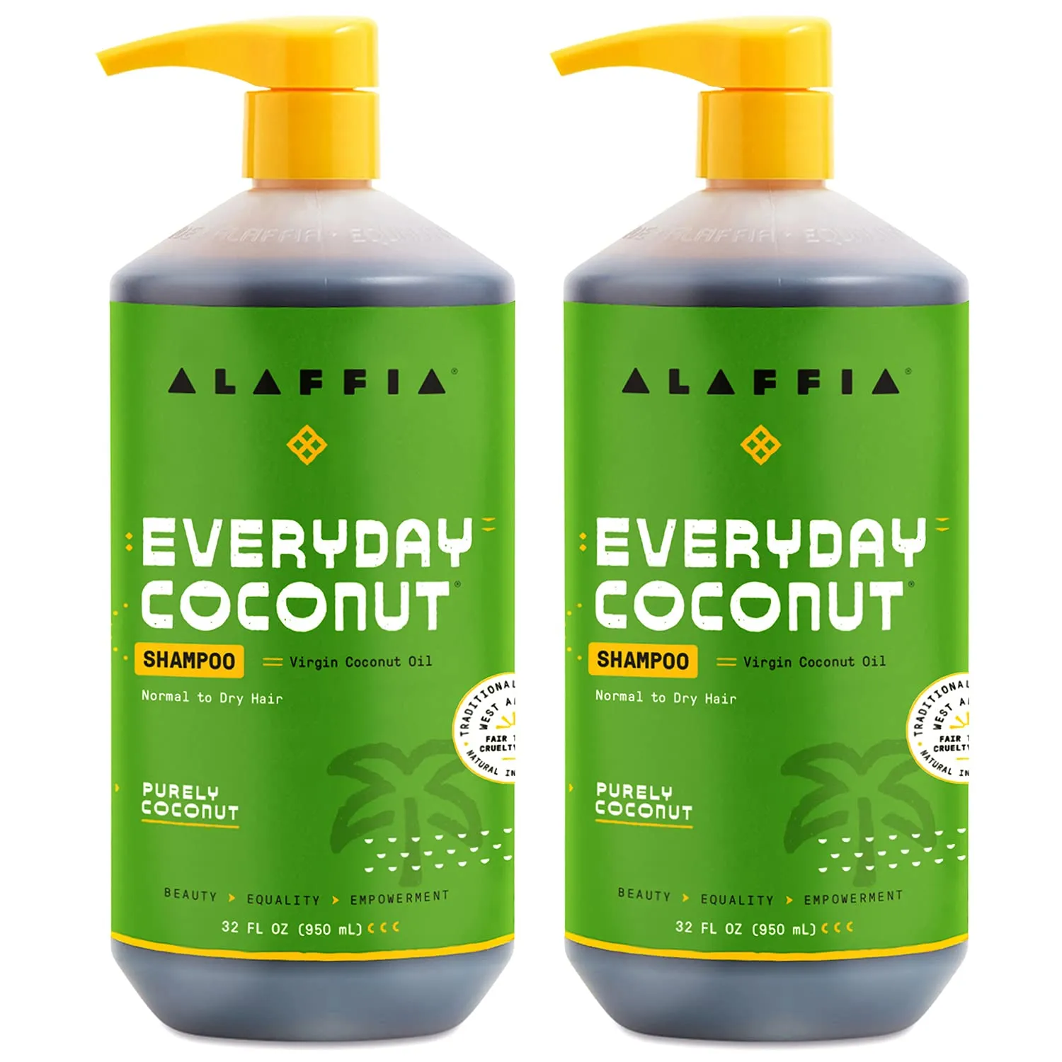 Alaffia EveryDay Coconut Shampoo, Gentle Cleansing Shampoo for Normal to Dry Hair, Made with Coconut Oil Rich in Vitamin E, No Parabens or Phthalates, Coconut, 2 pack - 32 Fl Oz Ea