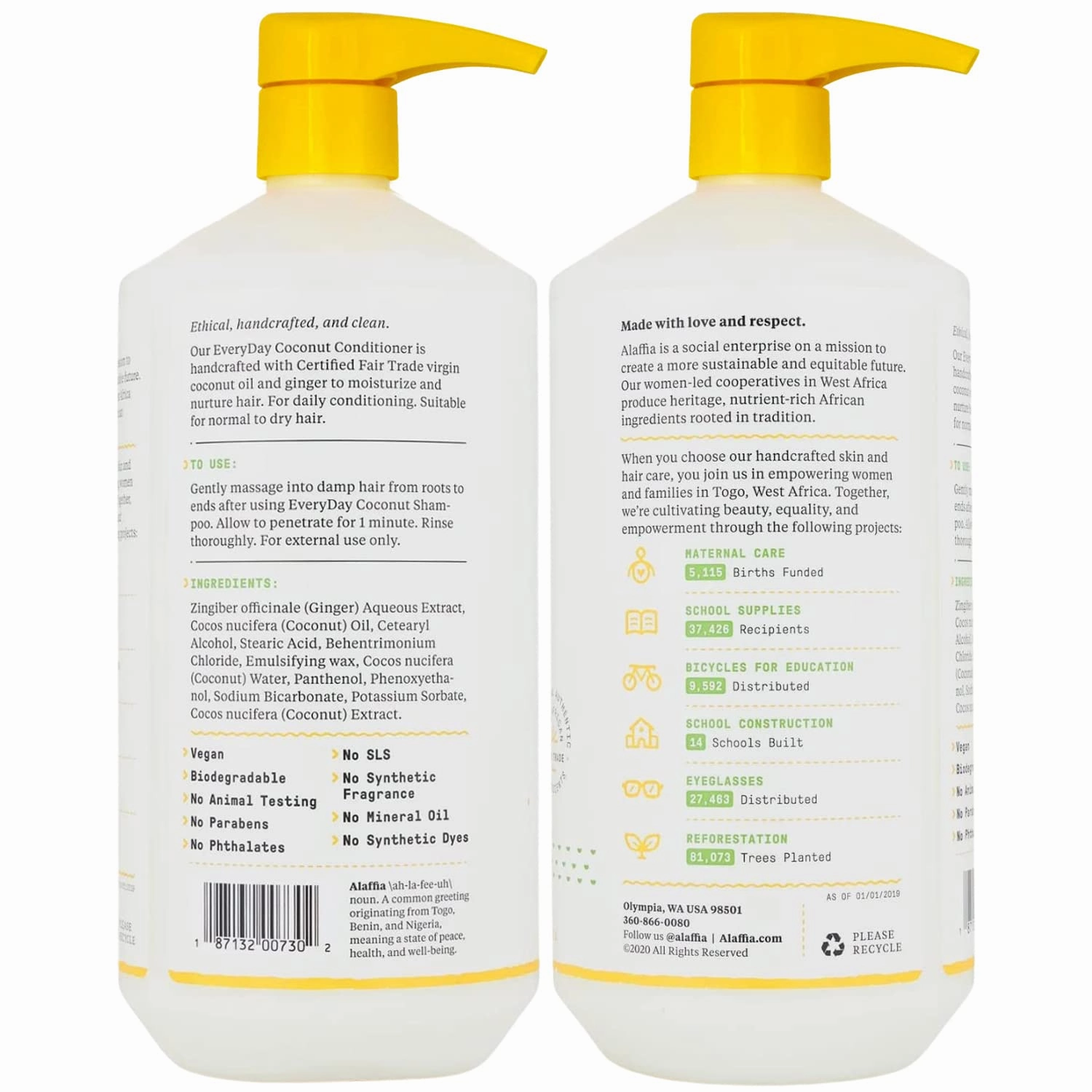 Alaffia Everyday Coconut Conditioner 2-Pack – Moisturizing Coconut Oil & Ginger Extract, Normal to Dry Hair, Curly Styles, 32 Oz Ea