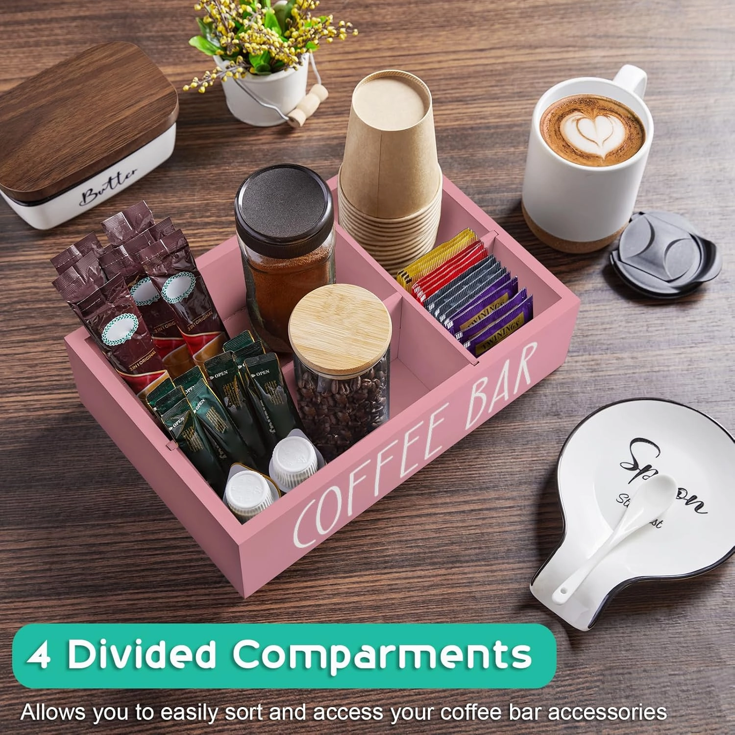 ALEION Coffee Station Organizer - Wood Countertop Accessories Organizer with Removable Dividers for Pods Condiment Syrup Tea Cups Stirrers - Pink Decor for Kitchen Coffee Bar