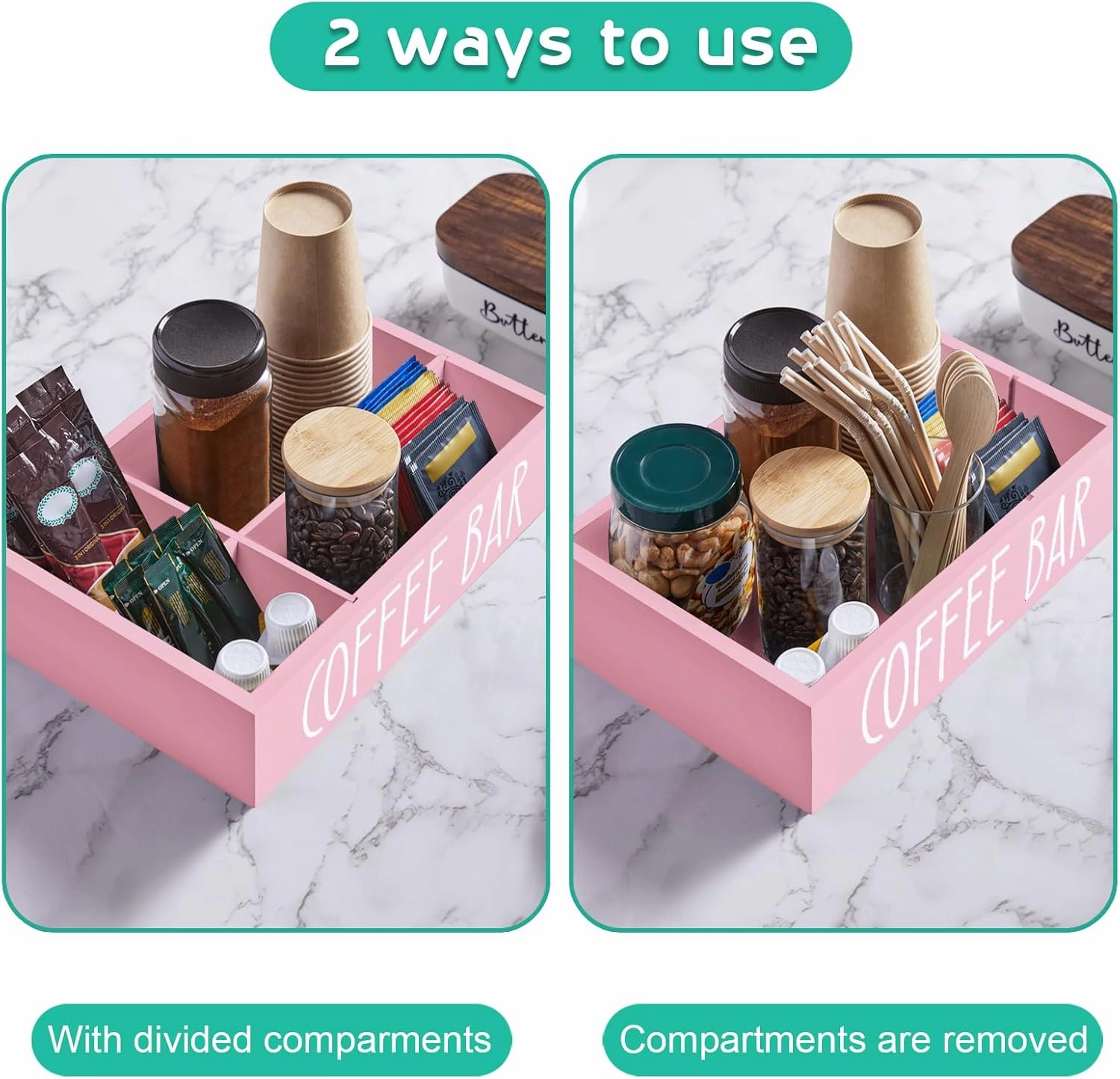 ALEION Coffee Station Organizer - Wood Countertop Accessories Organizer with Removable Dividers for Pods Condiment Syrup Tea Cups Stirrers - Pink Decor for Kitchen Coffee Bar