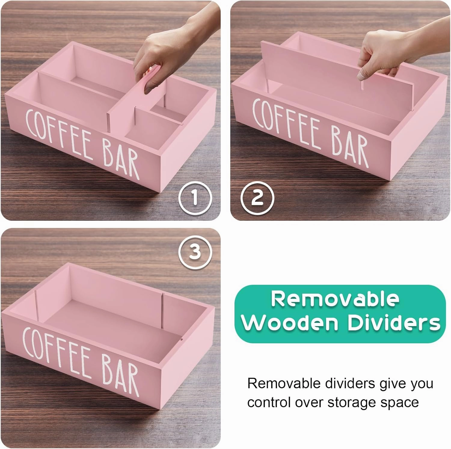 ALEION Coffee Station Organizer - Wood Countertop Accessories Organizer with Removable Dividers for Pods Condiment Syrup Tea Cups Stirrers - Pink Decor for Kitchen Coffee Bar