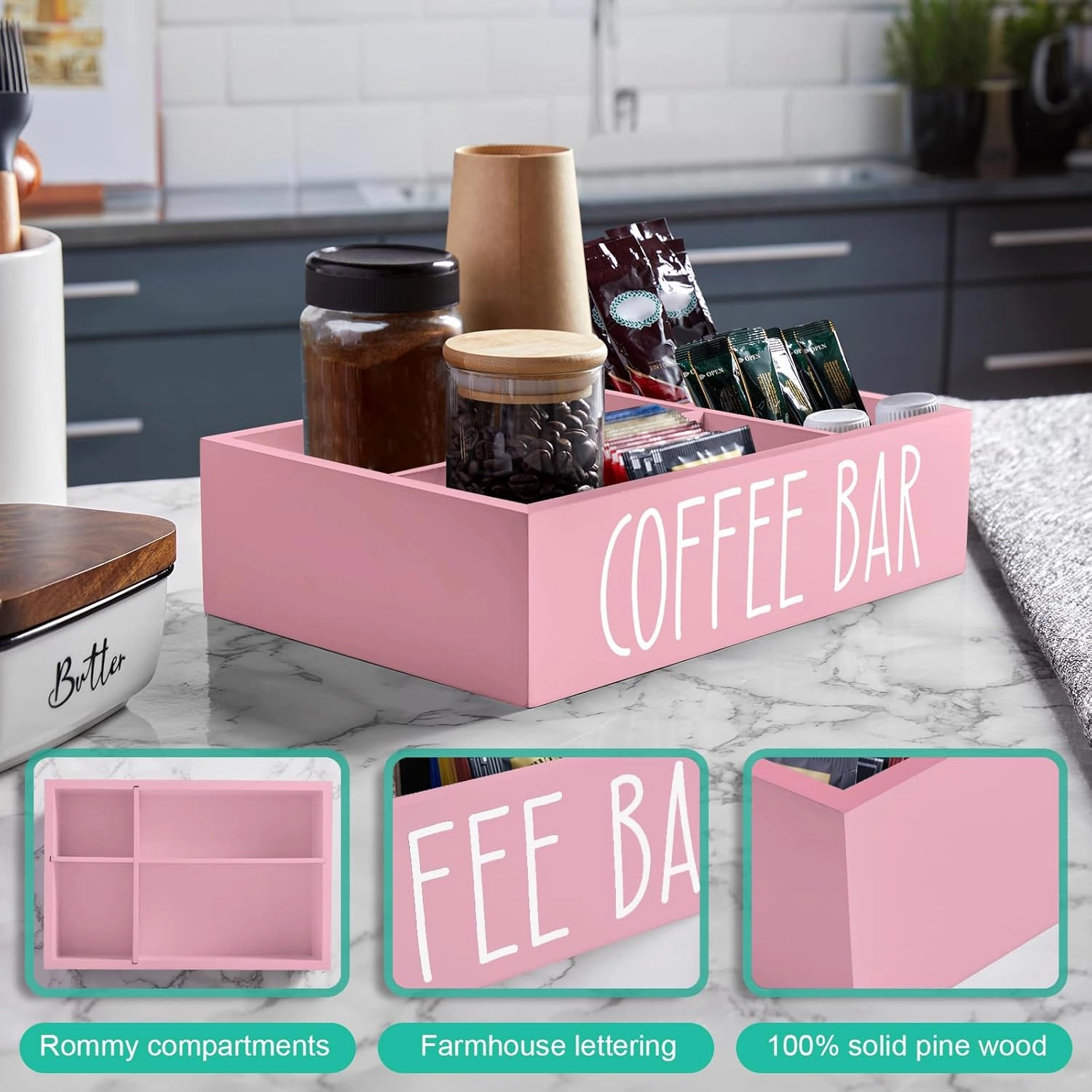 ALEION Coffee Station Organizer - Wood Countertop Accessories Organizer with Removable Dividers for Pods Condiment Syrup Tea Cups Stirrers - Pink Decor for Kitchen Coffee Bar