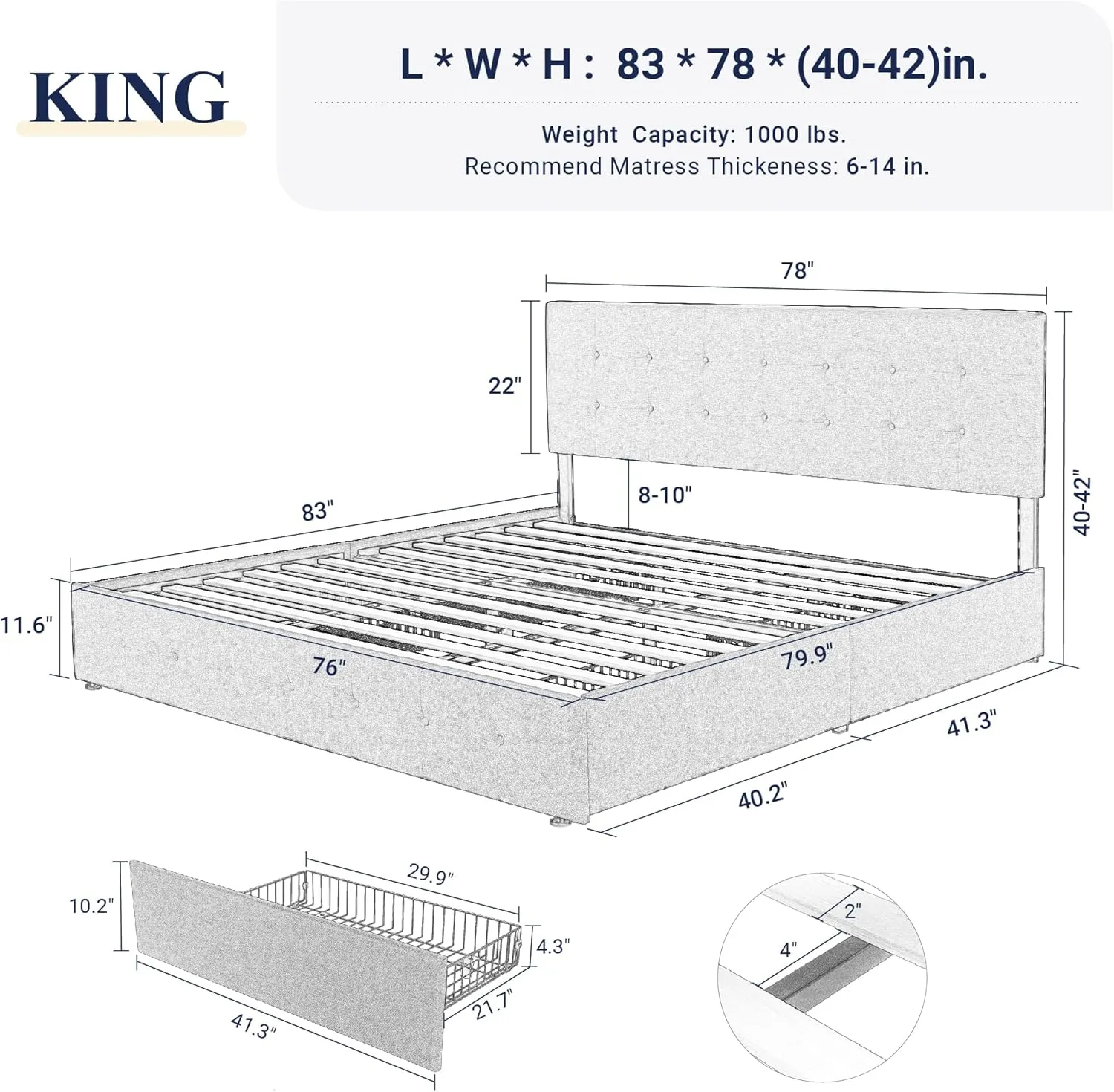 Allewie Upholstered King Size Platform Bed Frame with 4 Storage Drawers and Headboard, Square Stitched Button Tufted, Mattress Foundation with Wooden Slats Support, No Box Spring Needed, Light Grey