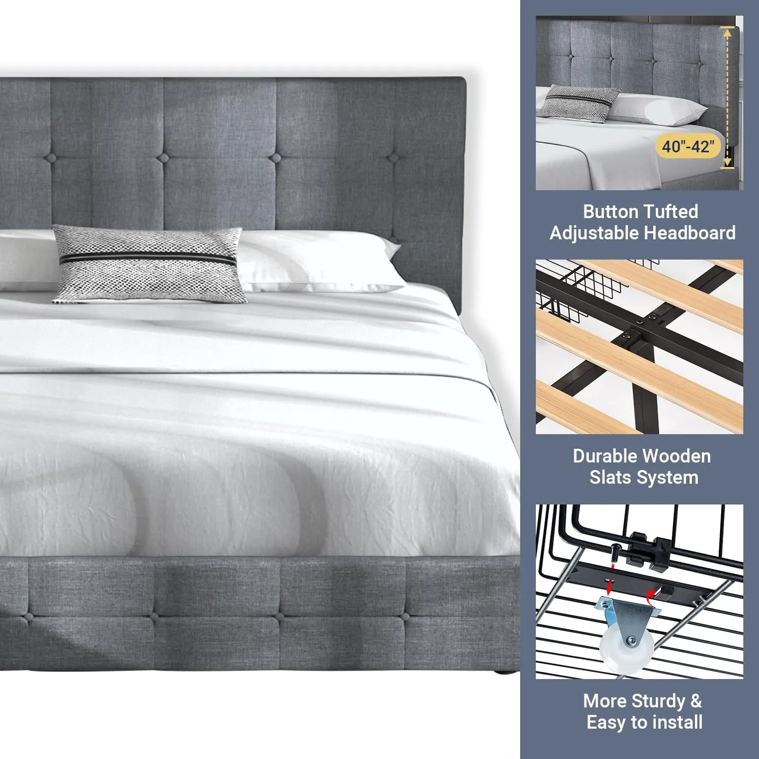 Allewie Upholstered King Size Platform Bed Frame with 4 Storage Drawers and Headboard, Square Stitched Button Tufted, Mattress Foundation with Wooden Slats Support, No Box Spring Needed, Light Grey