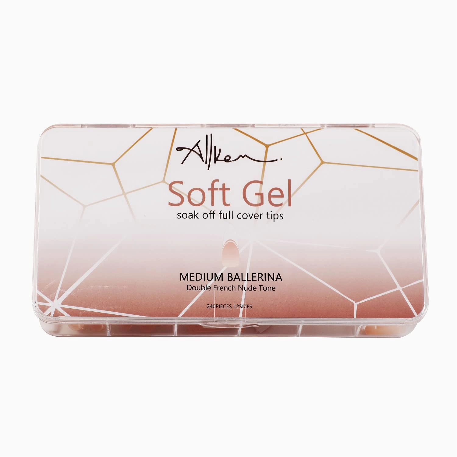 Allkem Soft Gel Nail Tips - Medium Long Double French Ballerina Nail Extensions Kit - 12 Sizes Long Full Cover Nails - Neutrals - Bold (240 Pieces)