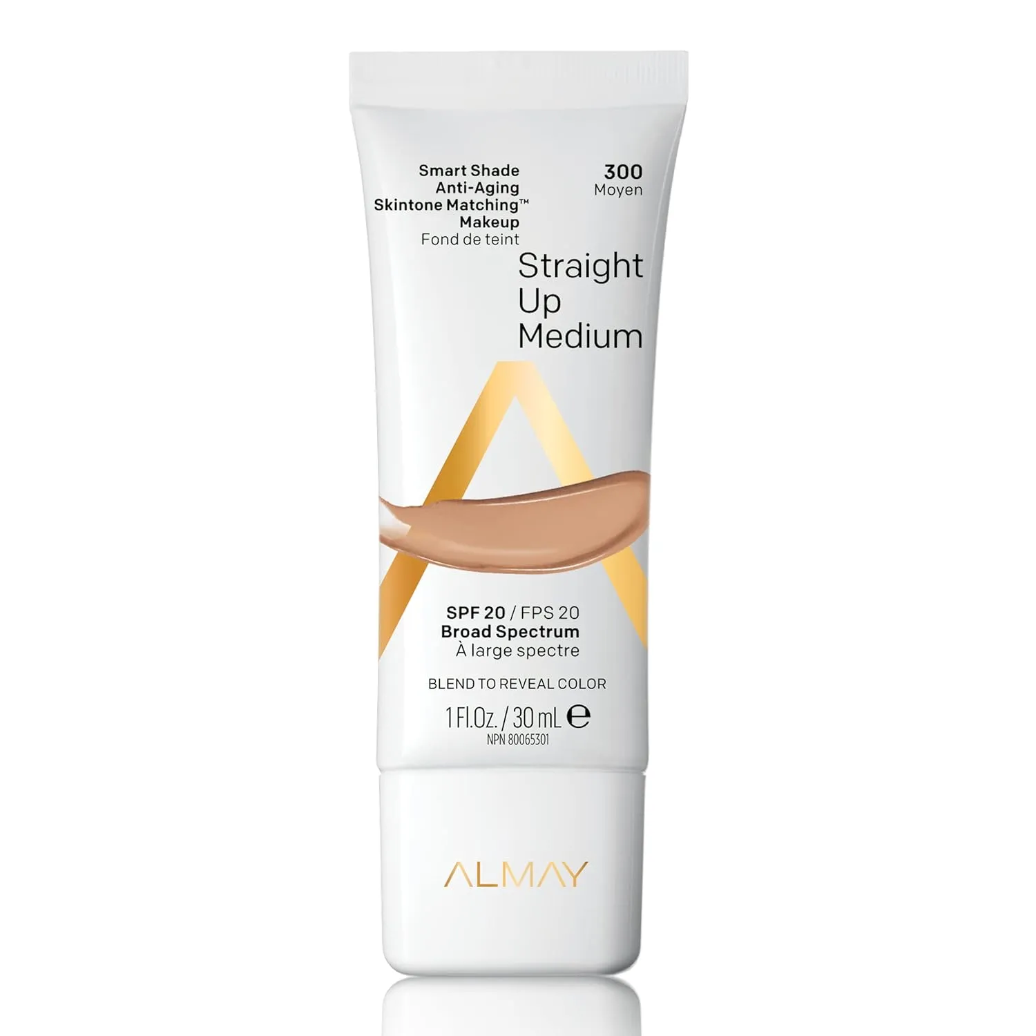 Almay Anti-Aging Foundation, Smart Shade Skintone Matching Makeup, Natural Finish with SPF 20, HypoallergenicFragrance Free, Dermatologist Tested, 300 Straight Up Medium, 1 Oz