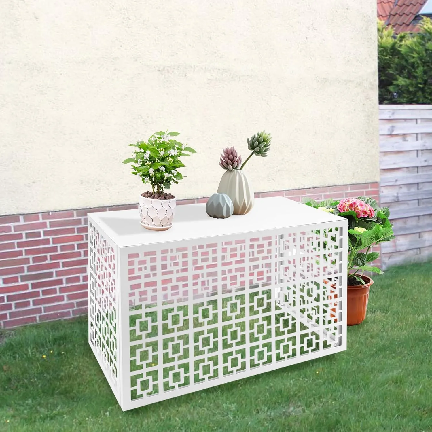 Aluminum Alloy Air Conditioner Freestanding Louvered Space Divider Air Conditioner Fence Outdoor Metal Privacy Fence Cover for Different Sized (White/39.37 “L x 19.69 ”W/Hollow Design)