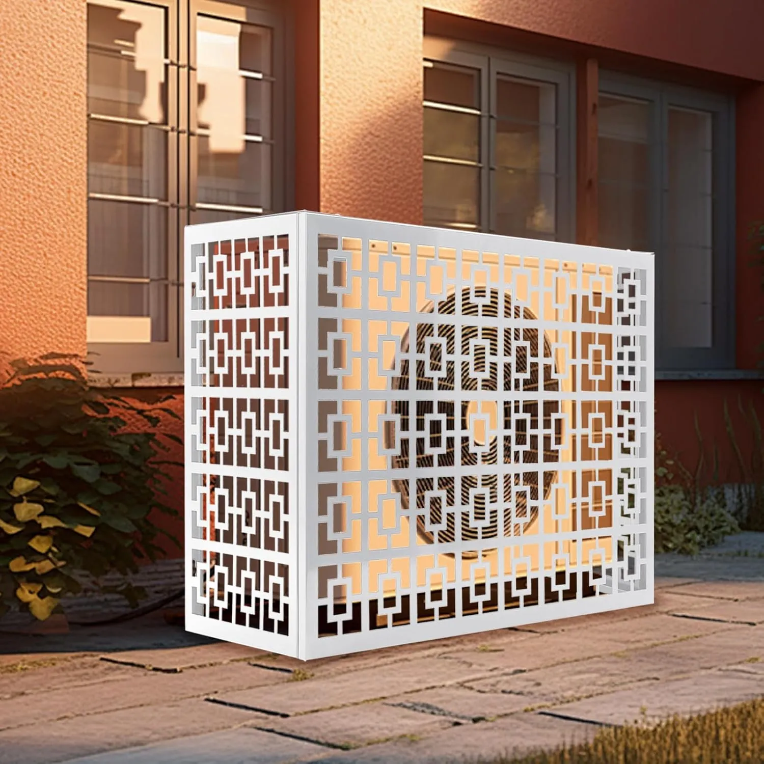 Aluminum Alloy Air Conditioner Freestanding Louvered Space Divider Air Conditioner Fence Outdoor Metal Privacy Fence Cover for Different Sized (White/39.37 “L x 19.69 ”W/Hollow Design)