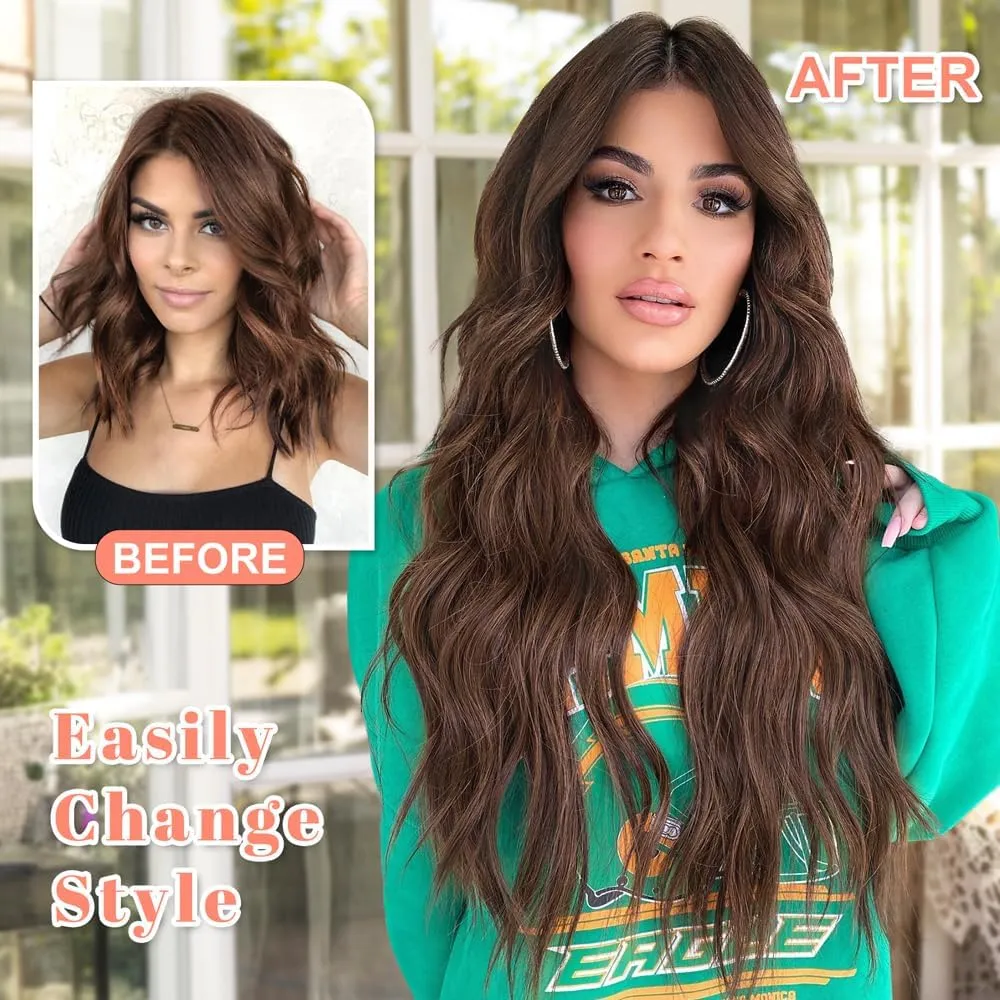 ALXNAN Clip in Hair Extensions for Women,Light Brown Long Wavy Hair Extensions Clip Ins 4PCS 24 Inch Synthetic Soft and Natural Thick Hair Pieces for Women