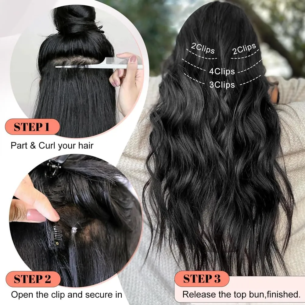 ALXNAN Clip in Hair Extensions for Women,Light Brown Long Wavy Hair Extensions Clip Ins 4PCS 24 Inch Synthetic Soft and Natural Thick Hair Pieces for Women