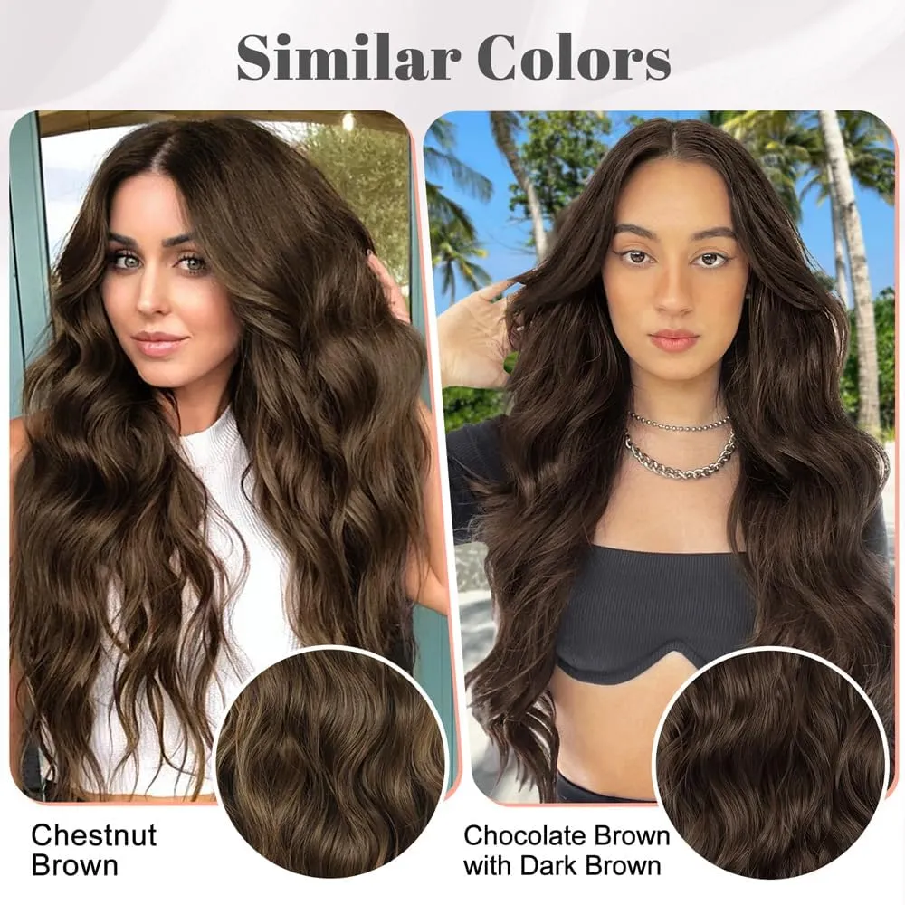 ALXNAN Clip in Hair Extensions for Women,Light Brown Long Wavy Hair Extensions Clip Ins 4PCS 24 Inch Synthetic Soft and Natural Thick Hair Pieces for Women