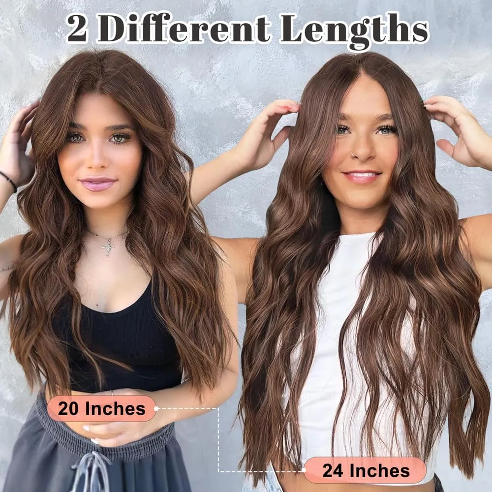 ALXNAN Clip in Hair Extensions for Women,Light Brown Long Wavy Hair Extensions Clip Ins 4PCS 24 Inch Synthetic Soft and Natural Thick Hair Pieces for Women