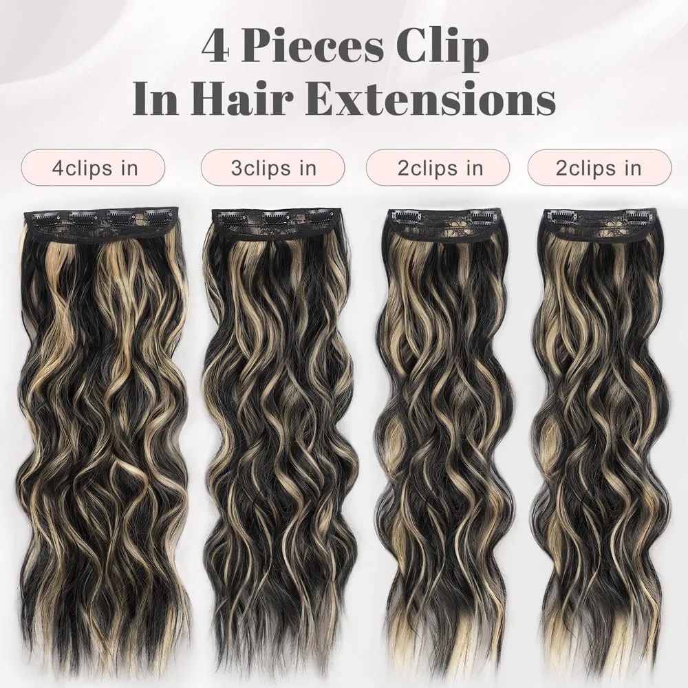 ALXNAN Clip in Long Wavy Synthetic Hair Extension 24 Inch Black with Blonde Highlights 4PCS Thick Hairpieces Fiber Double Weft Hair for Women
