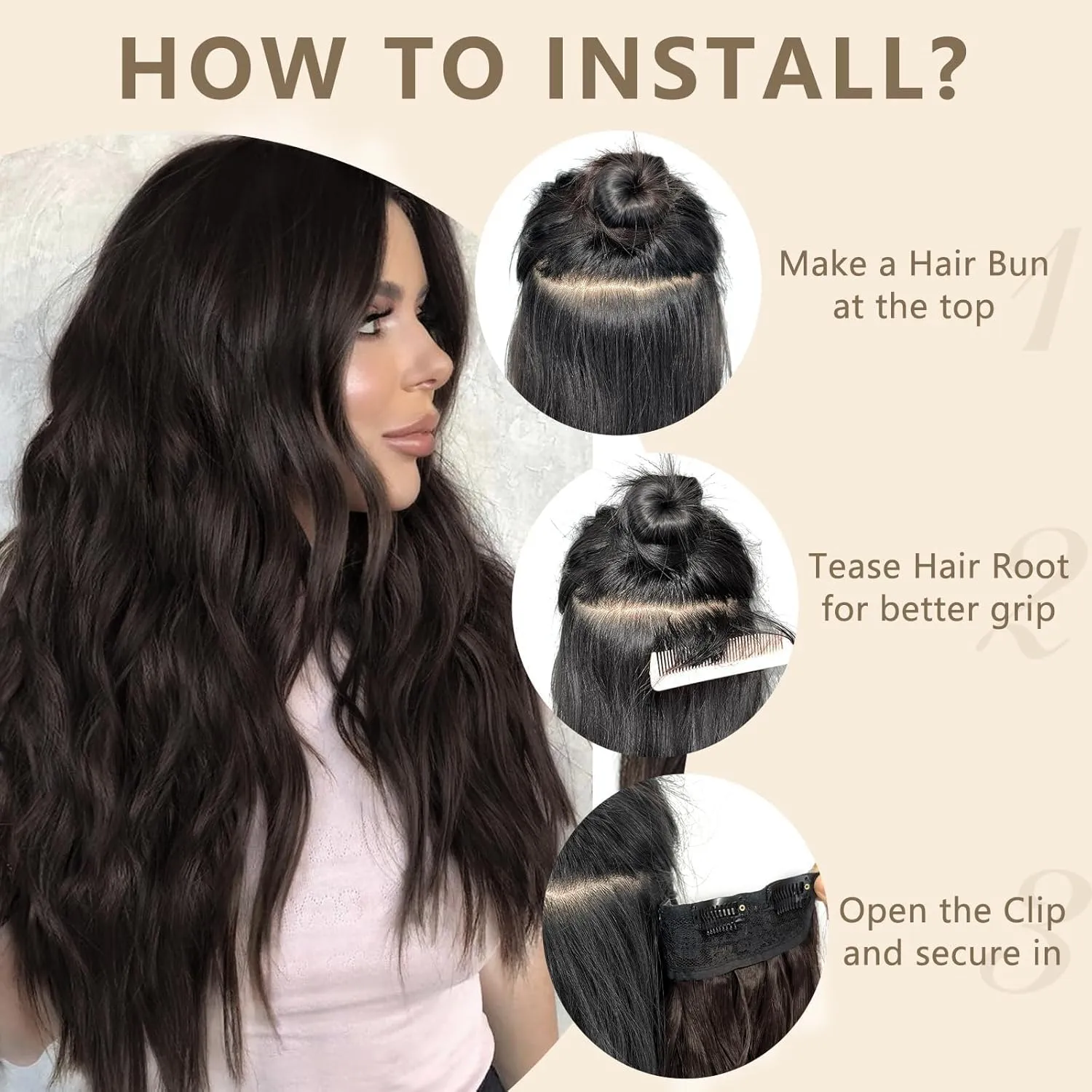 ALXNAN Clip in Long Wavy Synthetic Hair Extension 4PCS 24 Inch Dark Brown Thick Hairpieces Fiber Double Weft Hair for Women