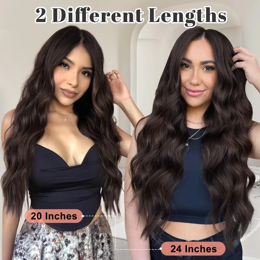 ALXNAN Clip in Long Wavy Synthetic Hair Extension 4PCS 24 Inch Dark Brown Thick Hairpieces Fiber Double Weft Hair for Women