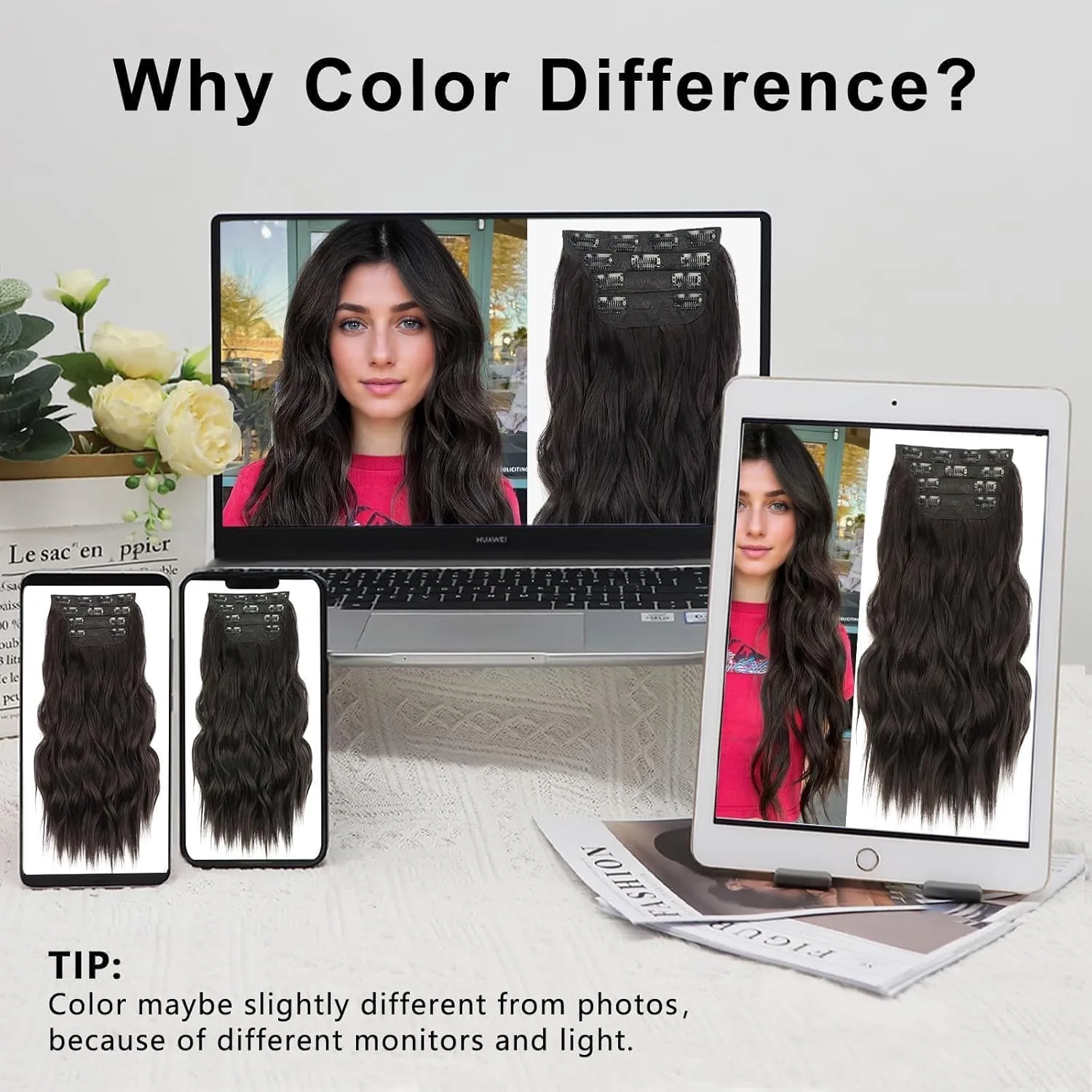 ALXNAN Clip in Long Wavy Synthetic Hair Extension 4PCS 24 Inch Dark Brown Thick Hairpieces Fiber Double Weft Hair for Women