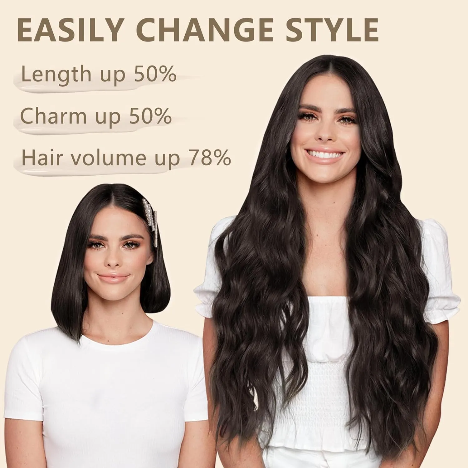 ALXNAN Clip in Long Wavy Synthetic Hair Extension 4PCS 24 Inch Dark Brown Thick Hairpieces Fiber Double Weft Hair for Women