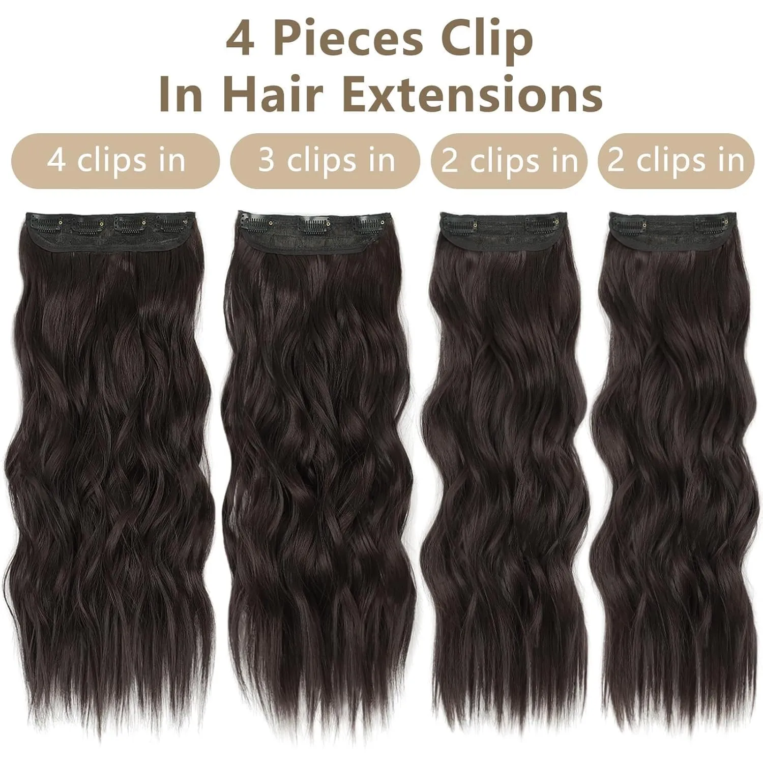 ALXNAN Clip in Long Wavy Synthetic Hair Extension 4PCS 24 Inch Dark Brown Thick Hairpieces Fiber Double Weft Hair for Women