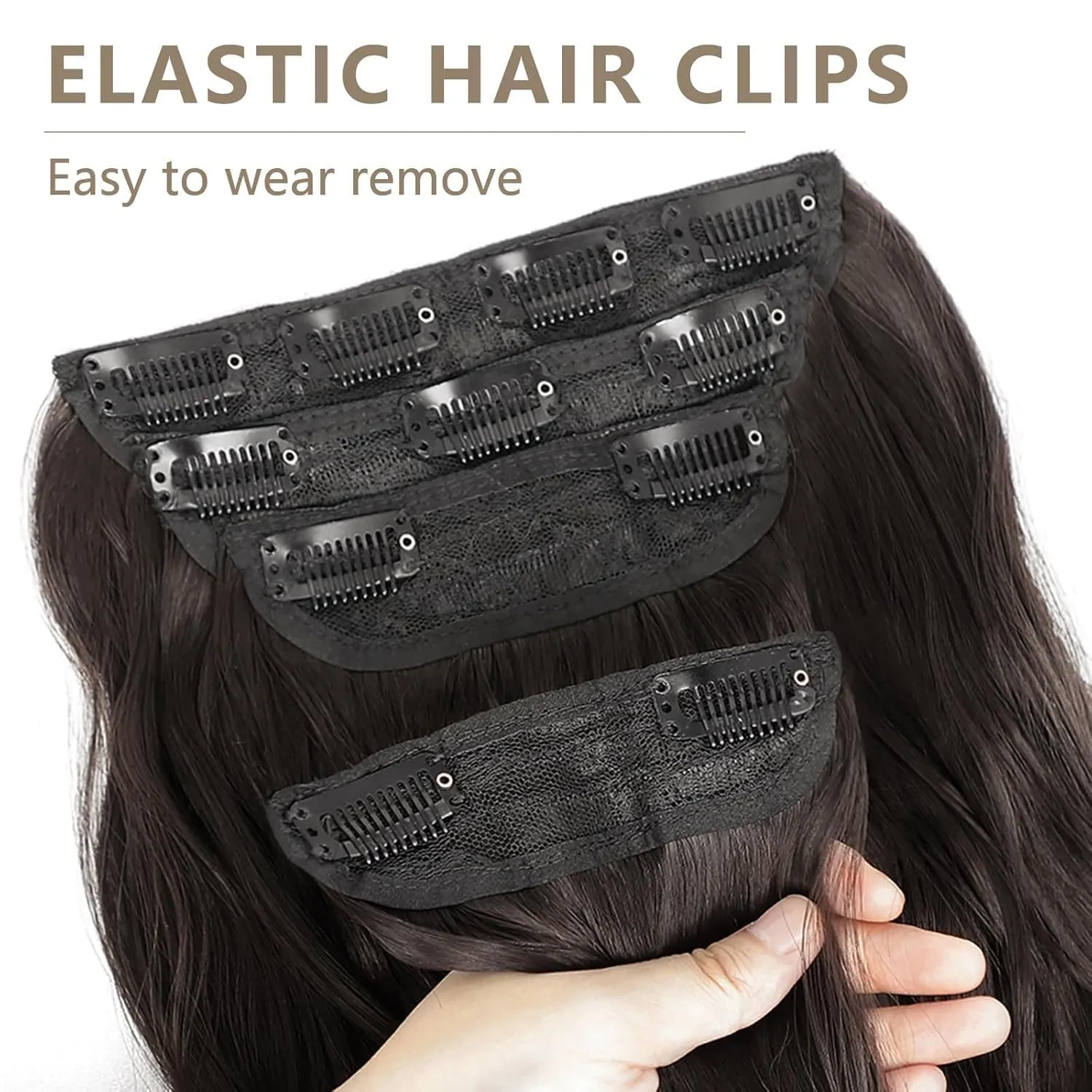 ALXNAN Clip in Long Wavy Synthetic Hair Extension 4PCS 24 Inch Dark Brown Thick Hairpieces Fiber Double Weft Hair for Women