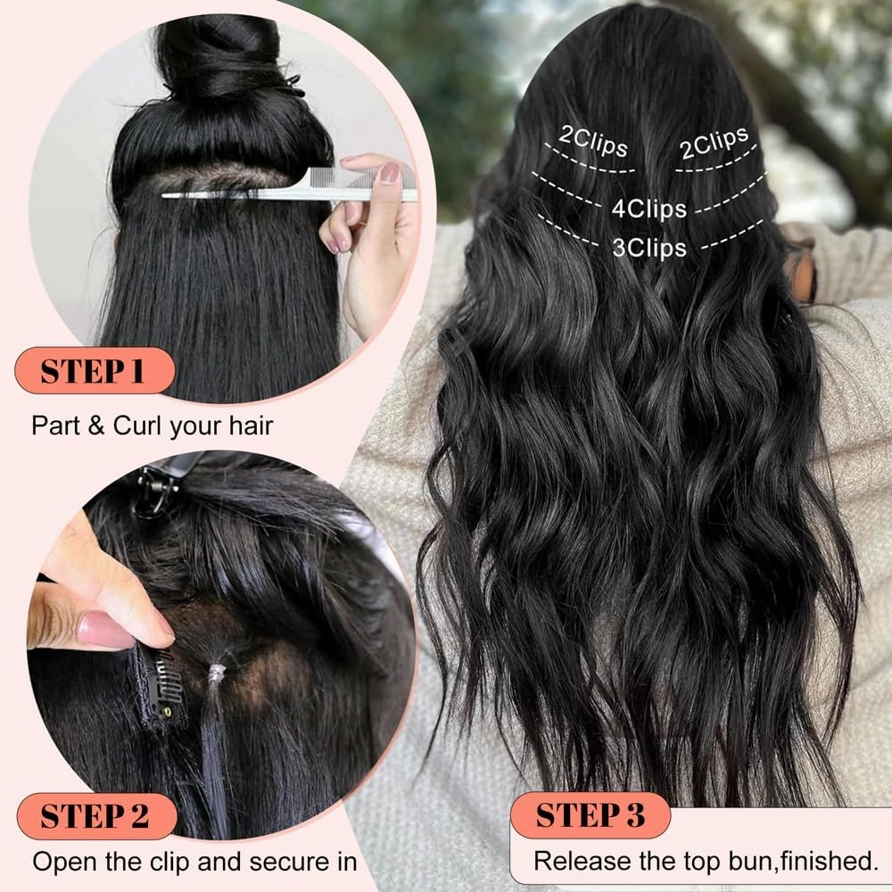 ALXNAN Clip in Hair Extensions for Women,Chocolate Brown with Dark Brown Long Wavy Hair Extensions Clip Ins 4PCS 24 Inch Synthetic Soft and Natural Thick Hair Pieces for Women