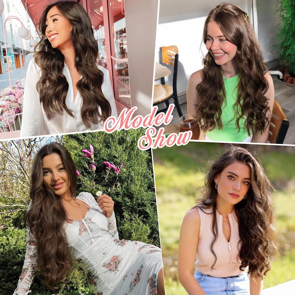 ALXNAN Clip in Hair Extensions for Women,Chocolate Brown with Dark Brown Long Wavy Hair Extensions Clip Ins 4PCS 24 Inch Synthetic Soft and Natural Thick Hair Pieces for Women