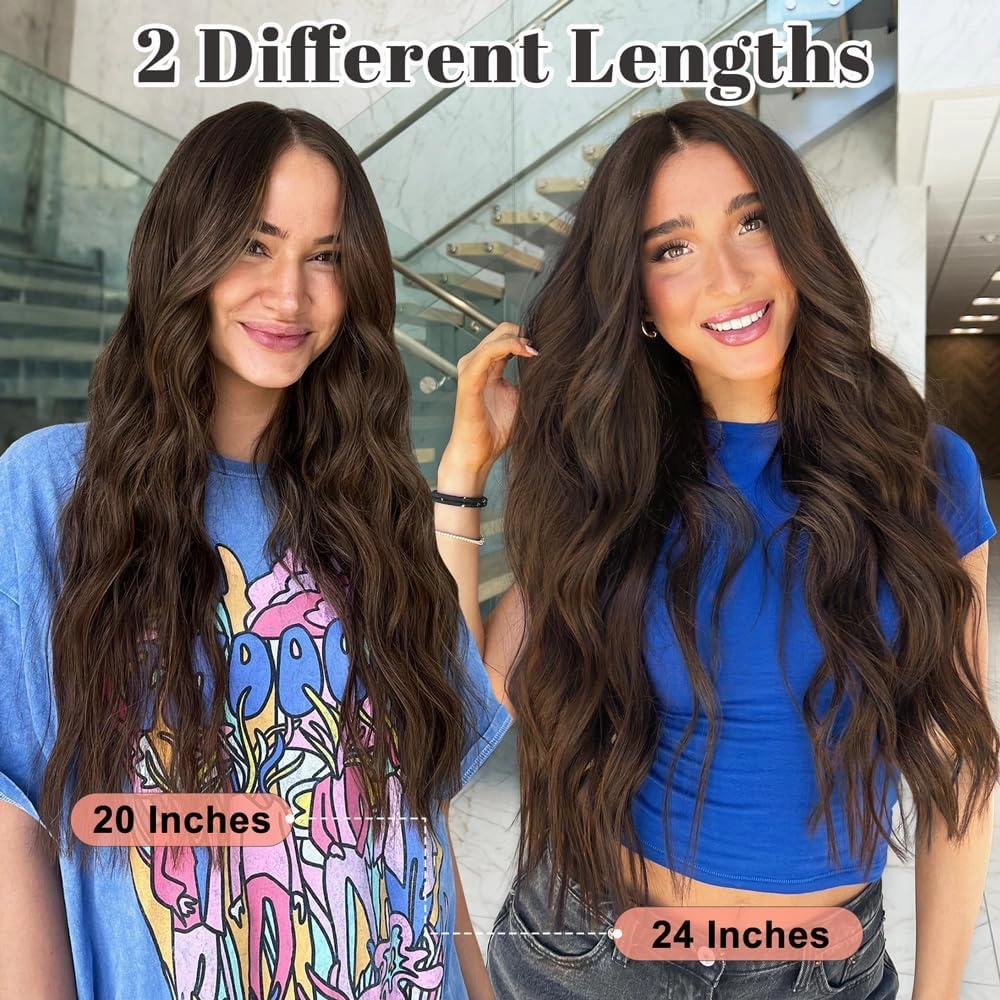 ALXNAN Clip in Hair Extensions for Women,Chocolate Brown with Dark Brown Long Wavy Hair Extensions Clip Ins 4PCS 24 Inch Synthetic Soft and Natural Thick Hair Pieces for Women