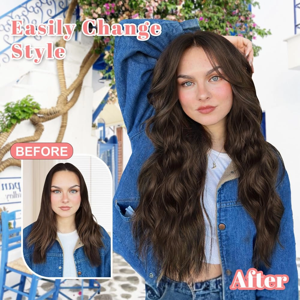 ALXNAN Clip in Hair Extensions for Women,Chocolate Brown with Dark Brown Long Wavy Hair Extensions Clip Ins 4PCS 24 Inch Synthetic Soft and Natural Thick Hair Pieces for Women