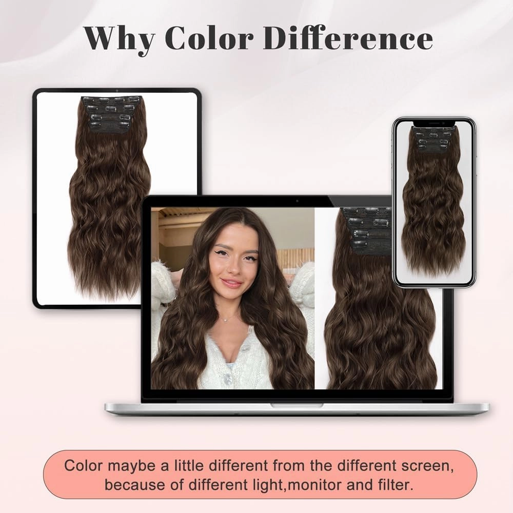 ALXNAN Clip in Hair Extensions for Women,Chocolate Brown with Dark Brown Long Wavy Hair Extensions Clip Ins 4PCS 24 Inch Synthetic Soft and Natural Thick Hair Pieces for Women