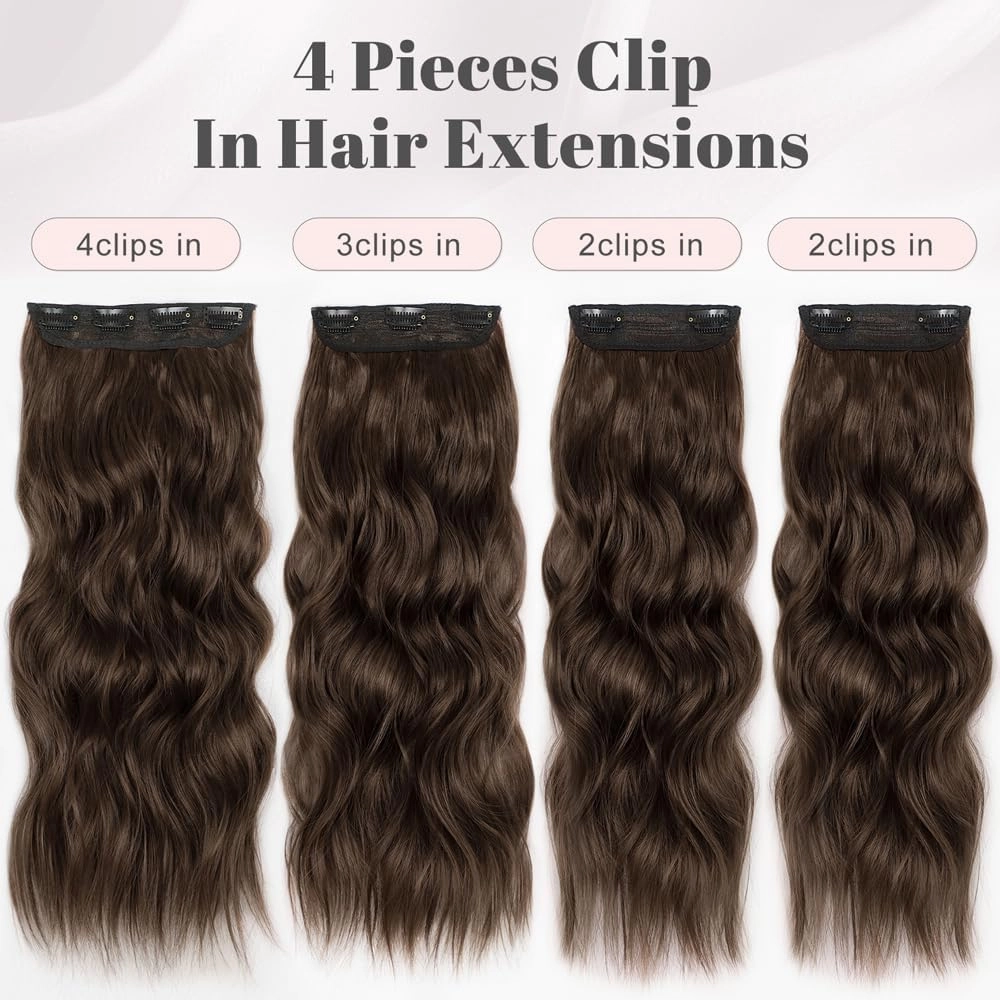 ALXNAN Clip in Hair Extensions for Women,Chocolate Brown with Dark Brown Long Wavy Hair Extensions Clip Ins 4PCS 24 Inch Synthetic Soft and Natural Thick Hair Pieces for Women