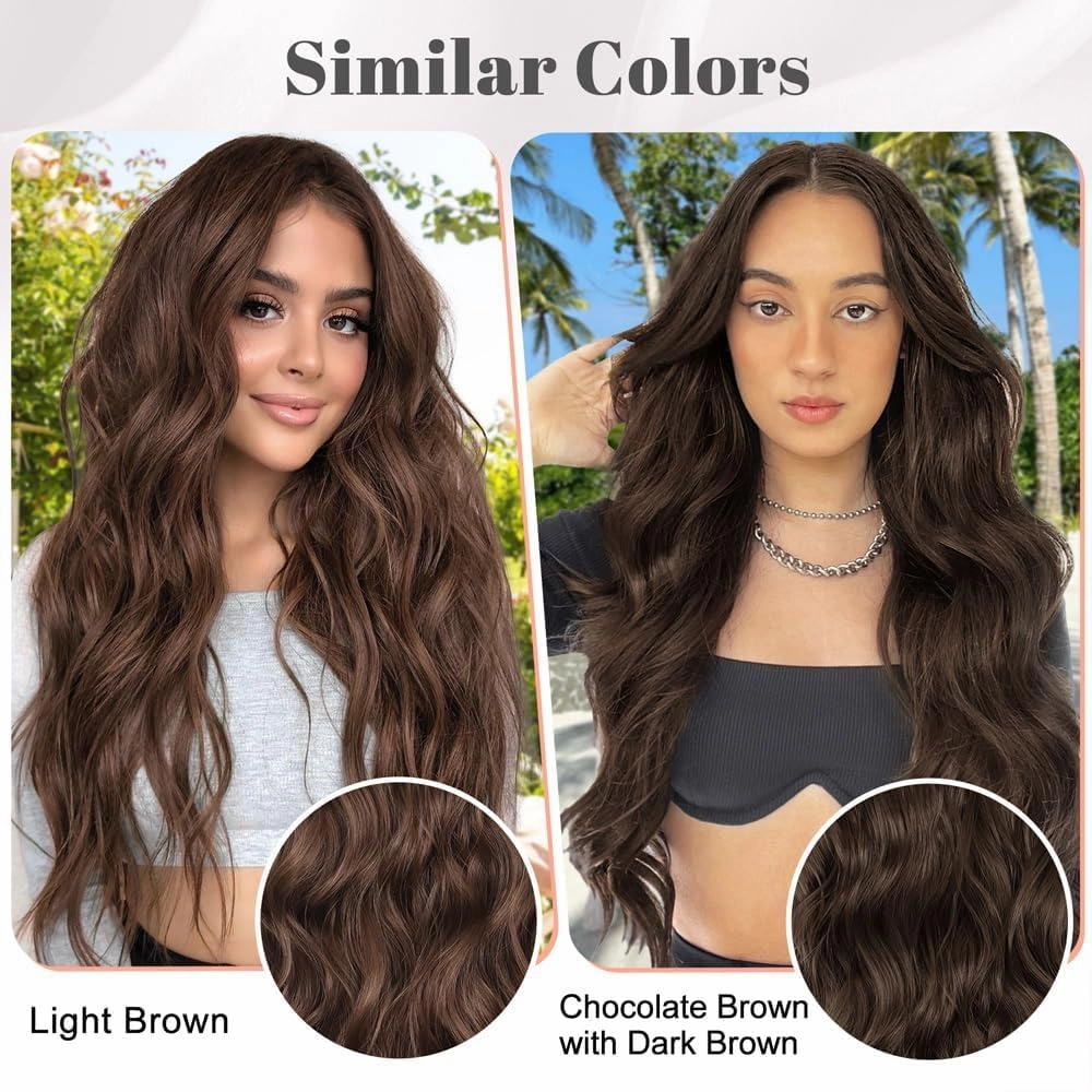 ALXNAN Clip in Hair Extensions for Women,Chocolate Brown with Dark Brown Long Wavy Hair Extensions Clip Ins 4PCS 24 Inch Synthetic Soft and Natural Thick Hair Pieces for Women