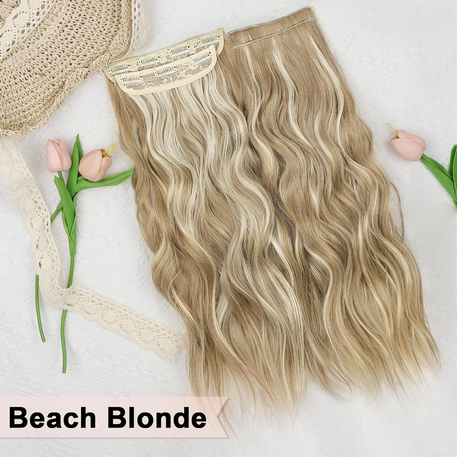 ALXNAN Clip in Long Wavy Synthetic Hair Extension 24 Inch Beach Blonde 4PCS Thick Hairpieces Fiber Double Weft Hair for Women