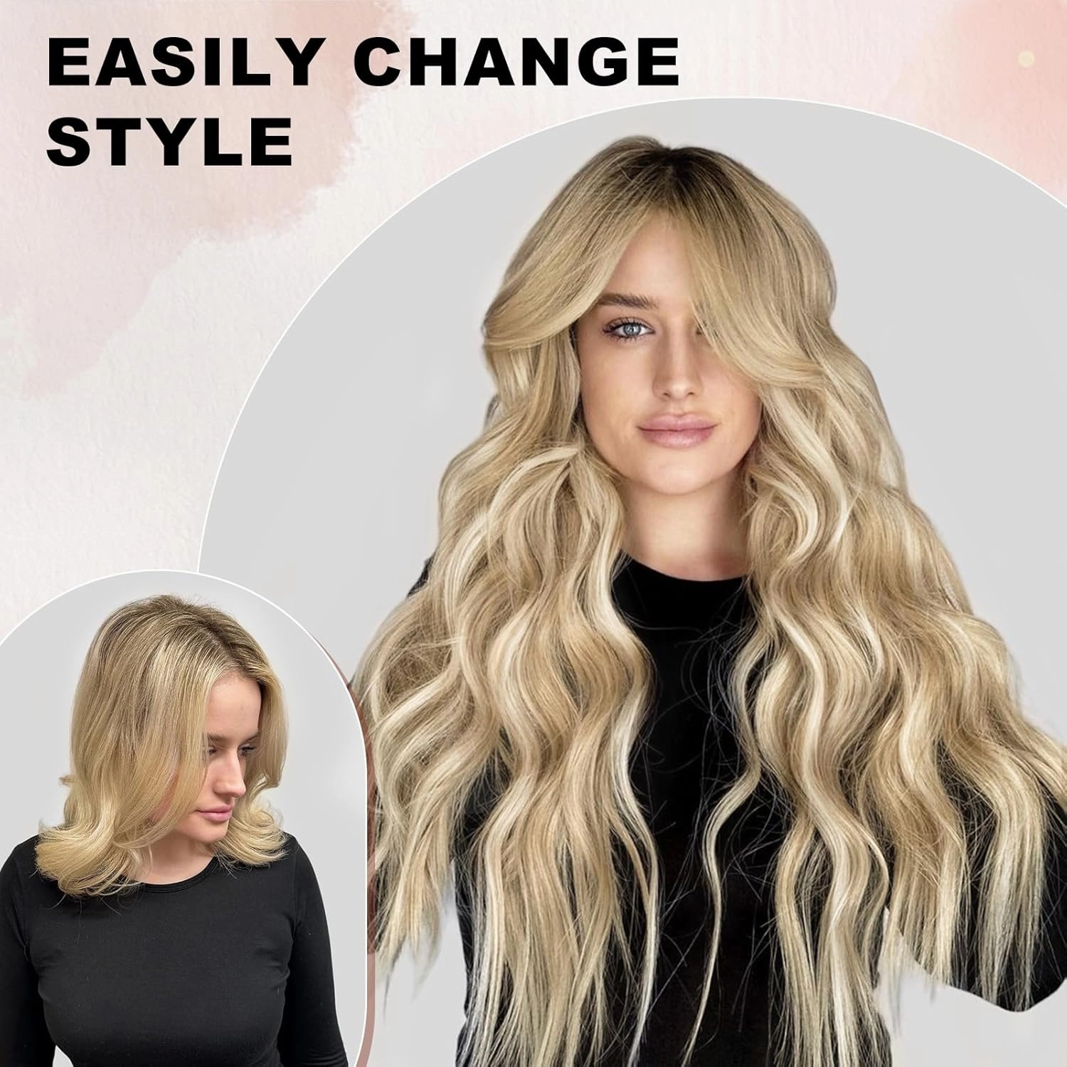 ALXNAN Clip in Long Wavy Synthetic Hair Extension 24 Inch Beach Blonde 4PCS Thick Hairpieces Fiber Double Weft Hair for Women