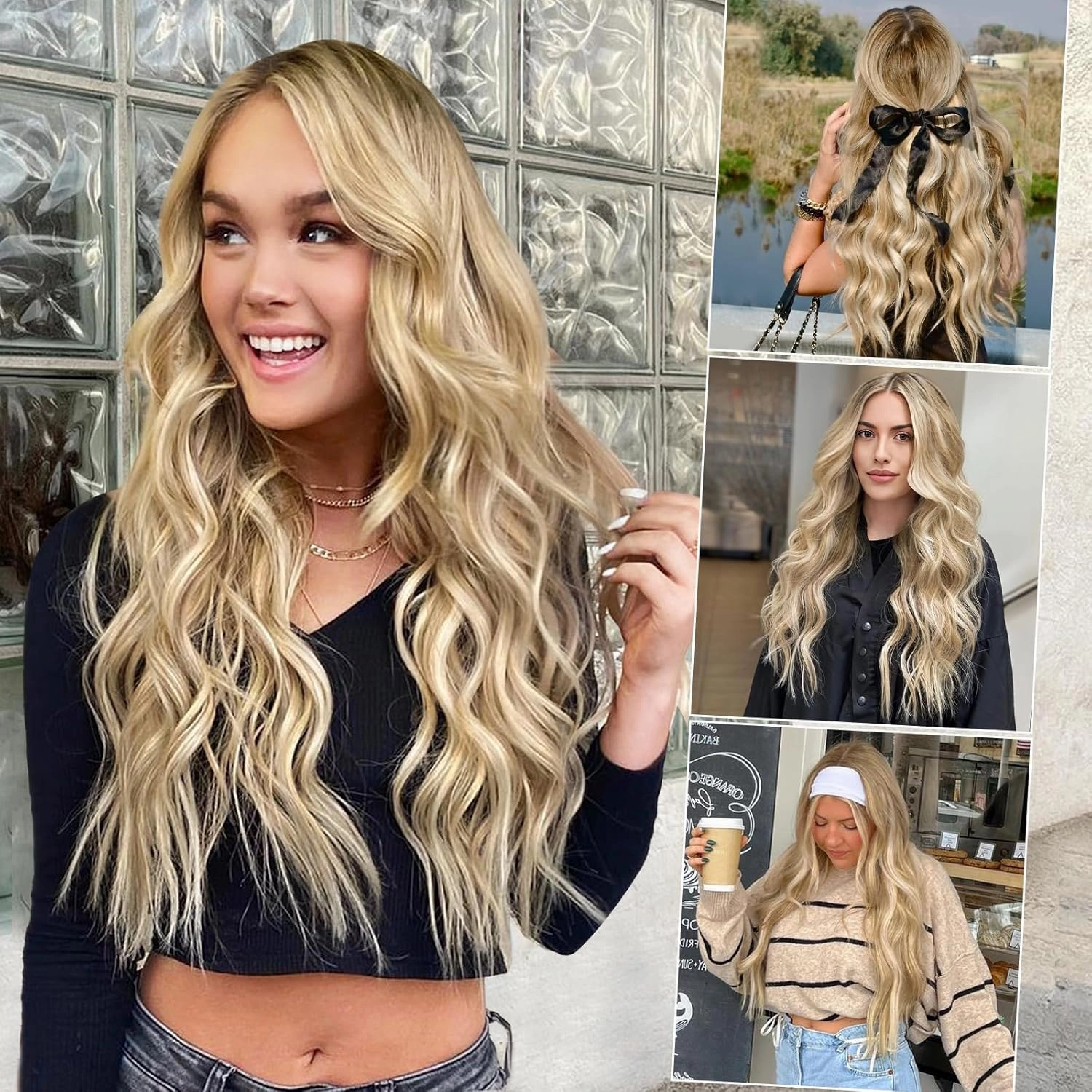 ALXNAN Clip in Long Wavy Synthetic Hair Extension 24 Inch Beach Blonde 4PCS Thick Hairpieces Fiber Double Weft Hair for Women