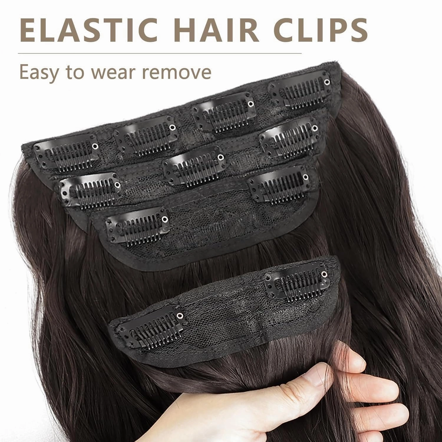 ALXNAN Clip in Long Wavy Synthetic Hair Extension 4PCS 24 Inch Dark Brown Thick Hairpieces Fiber Double Weft Hair for Women