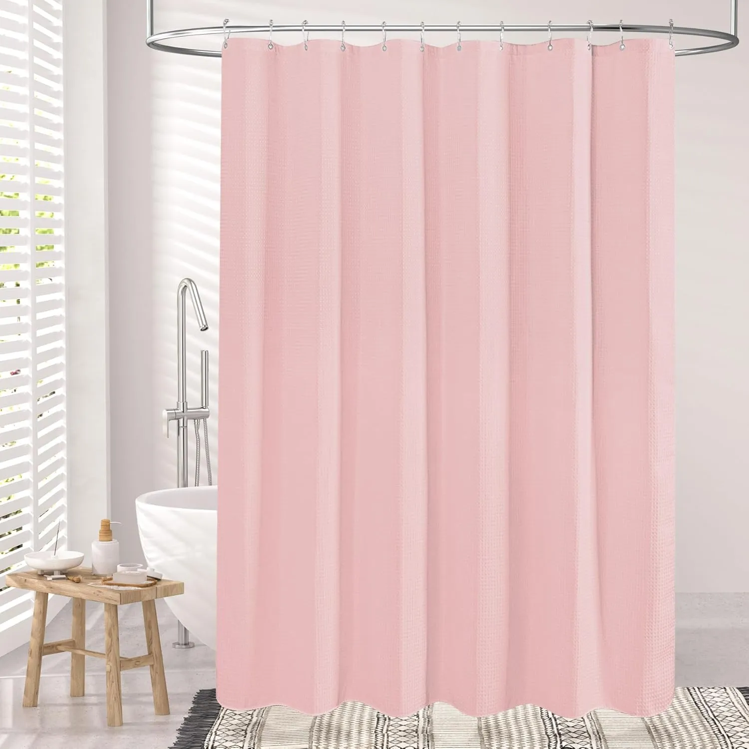 AmazerBath Blush Pink Shower Curtain Fabric, Waffle Shower Curtain Heavy Duty 240GSM, Hotel Quality Bathroom Shower Curtains, 72 x 72 Inches