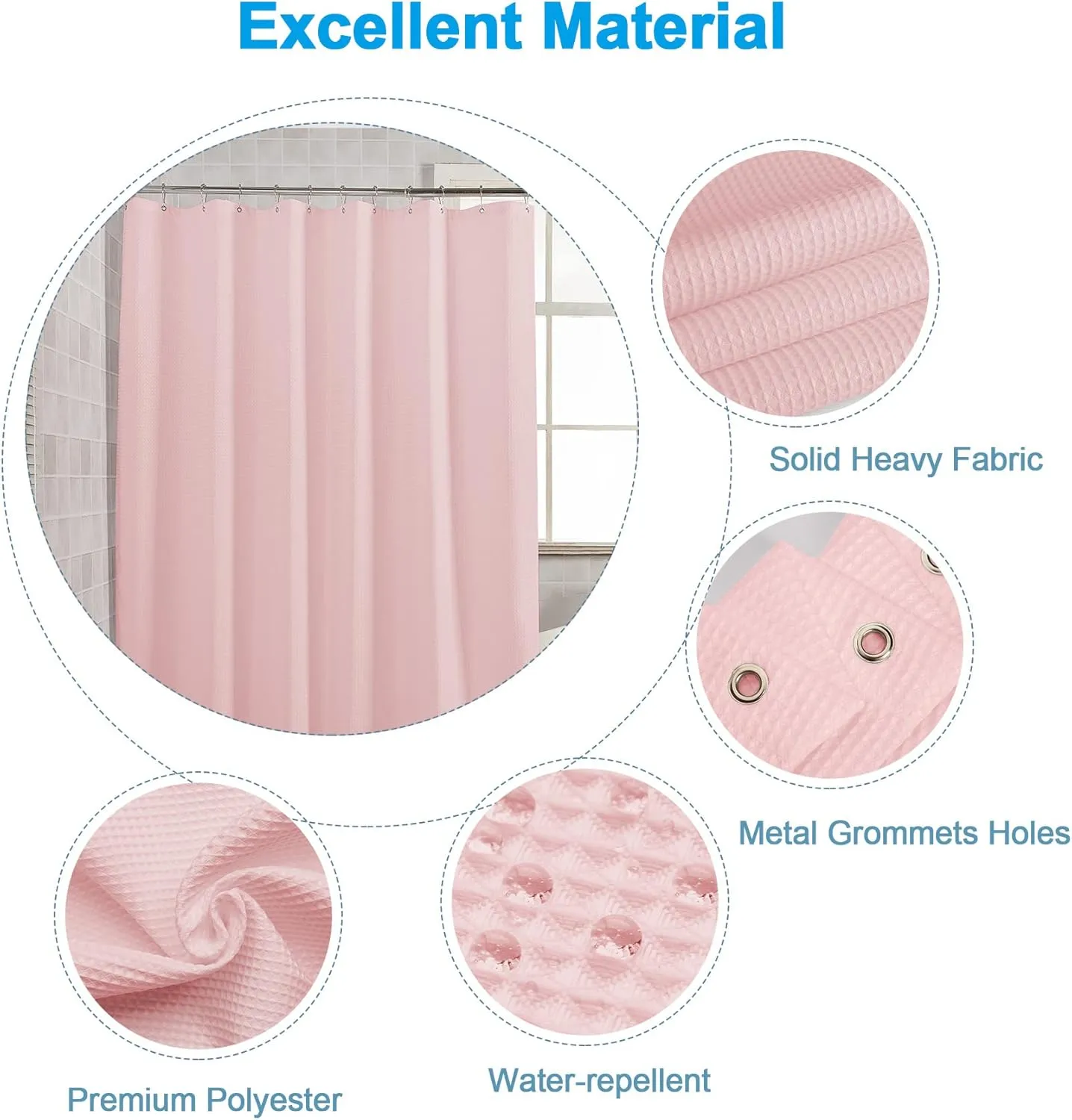AmazerBath Blush Pink Shower Curtain Fabric, Waffle Shower Curtain Heavy Duty 240GSM, Hotel Quality Bathroom Shower Curtains, 72 x 72 Inches