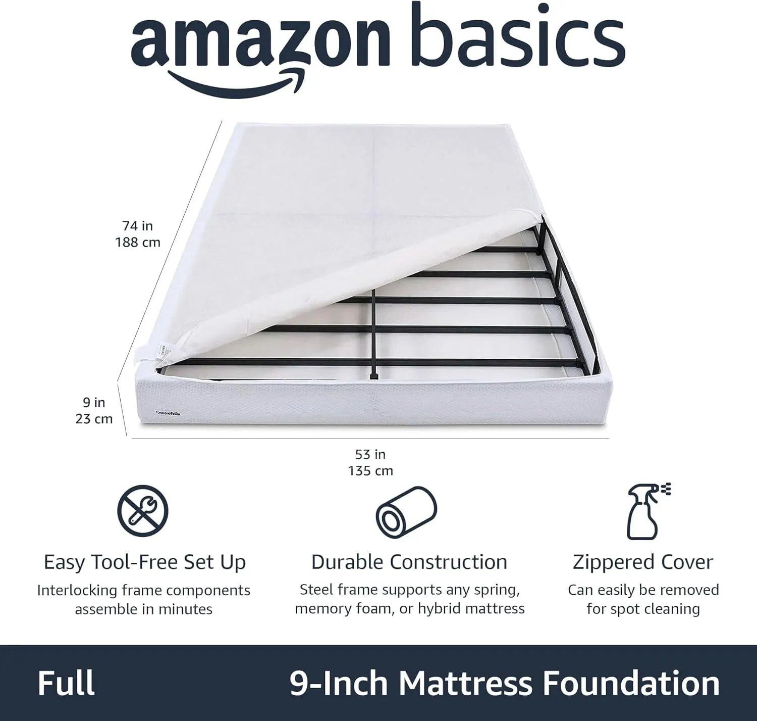 Amazon Basics Smart Box Spring Bed Base, 9-Inch Height Mattress Foundation, Tool-Free Easy Assembly, Full, 74"L x 53"W x 9"H, White