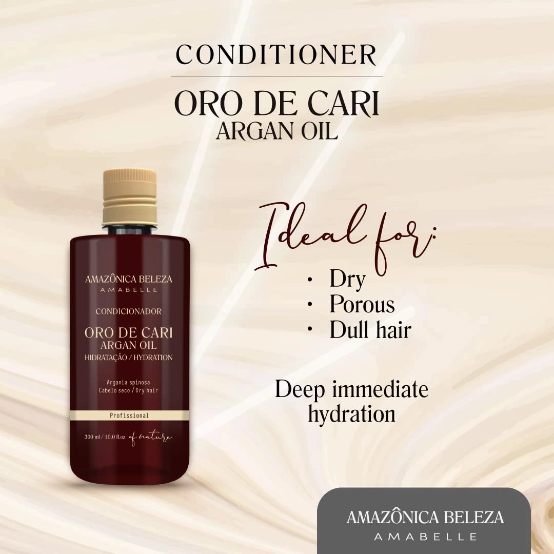 AMAZONICA BELEZA Oro de Cari Conditioner, Intensive Hydration for Dry Hair with Argan Oil and Vitamin E, Professional Line, 10 Oz