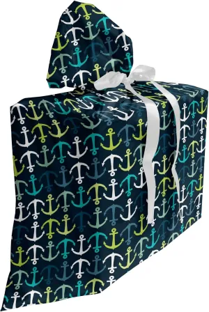 Ambesonne Anchor Fabric Gift Bag, Aquatic Maritime Pattern with up and down Anchors Sailing Travel Vacation, Present Sack for Parties Birthdays with 3 Ribbons, 27, Dark Blue Green White