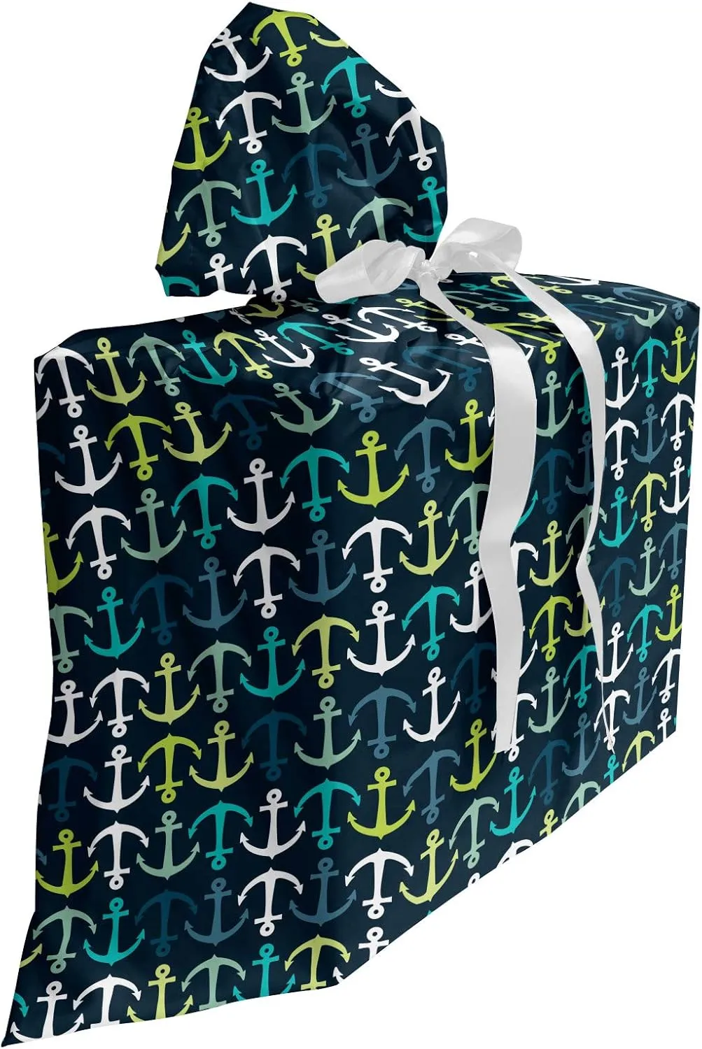 Ambesonne Anchor Fabric Gift Bag, Aquatic Maritime Pattern with up and down Anchors Sailing Travel Vacation, Present Sack for Parties Birthdays with 3 Ribbons, 27, Dark Blue Green White