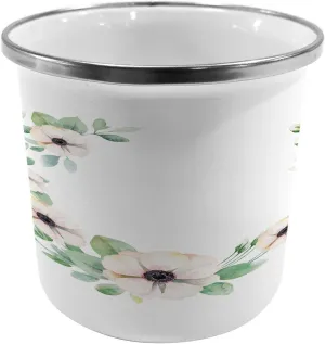 Ambesonne Anemone Flower Steel Camping Mug, Round Composition with Flourishing Fresh Bedding Plants and Stems, Printed Thermal Cup for Camping and Outdoor Activities, Green Peach Black
