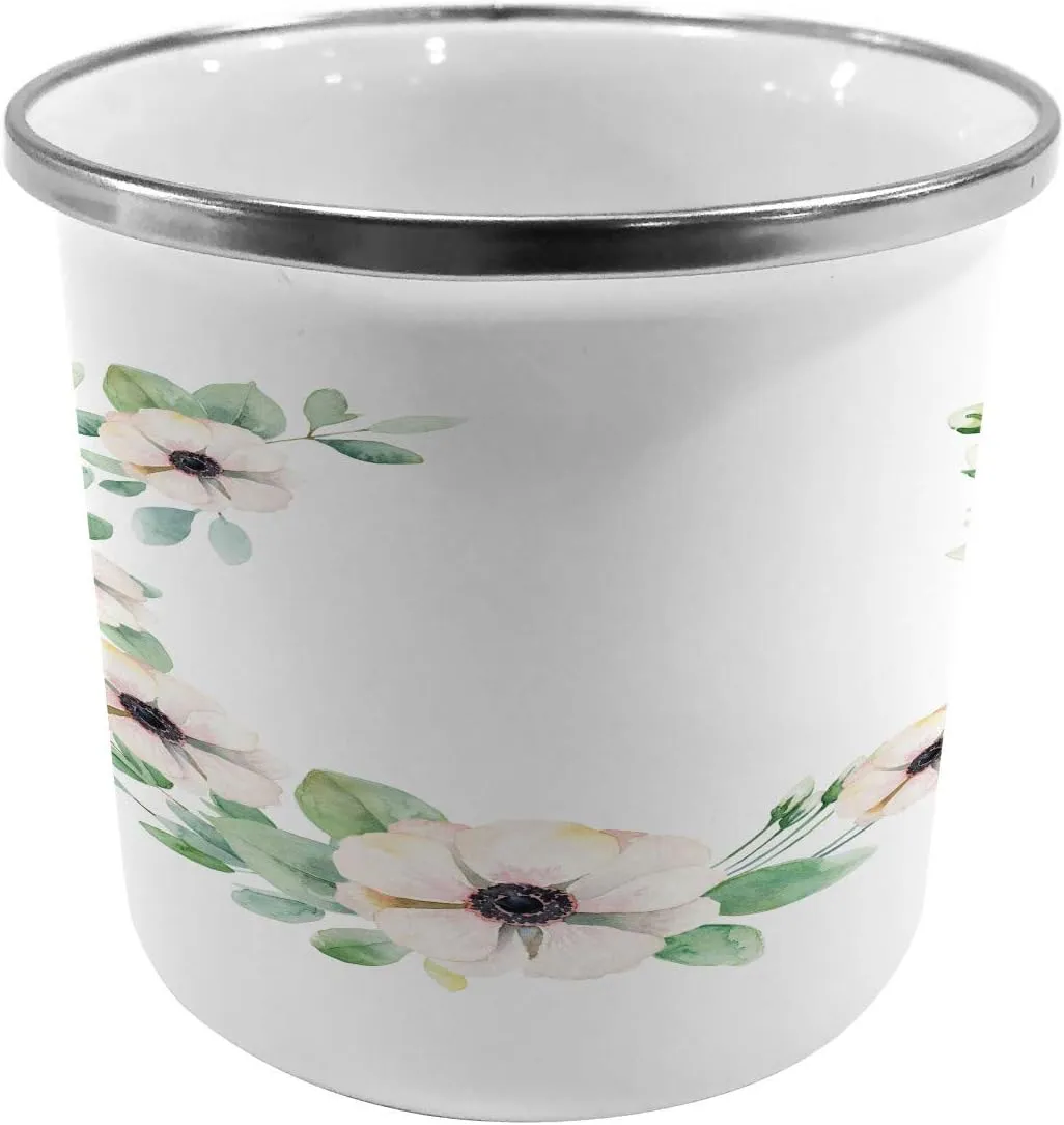Ambesonne Anemone Flower Steel Camping Mug, Round Composition with Flourishing Fresh Bedding Plants and Stems, Printed Thermal Cup for Camping and Outdoor Activities, Green Peach Black
