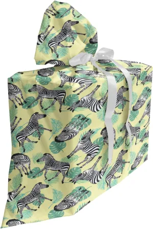 Ambesonne Animal Fabric Gift Bag, Demonstration of Wildlife Striped Zebras and Green Tone Leaves, Present Sack for Parties Birthdays with 3 Ribbons, 27, Charcoal Grey and Pale Yellow