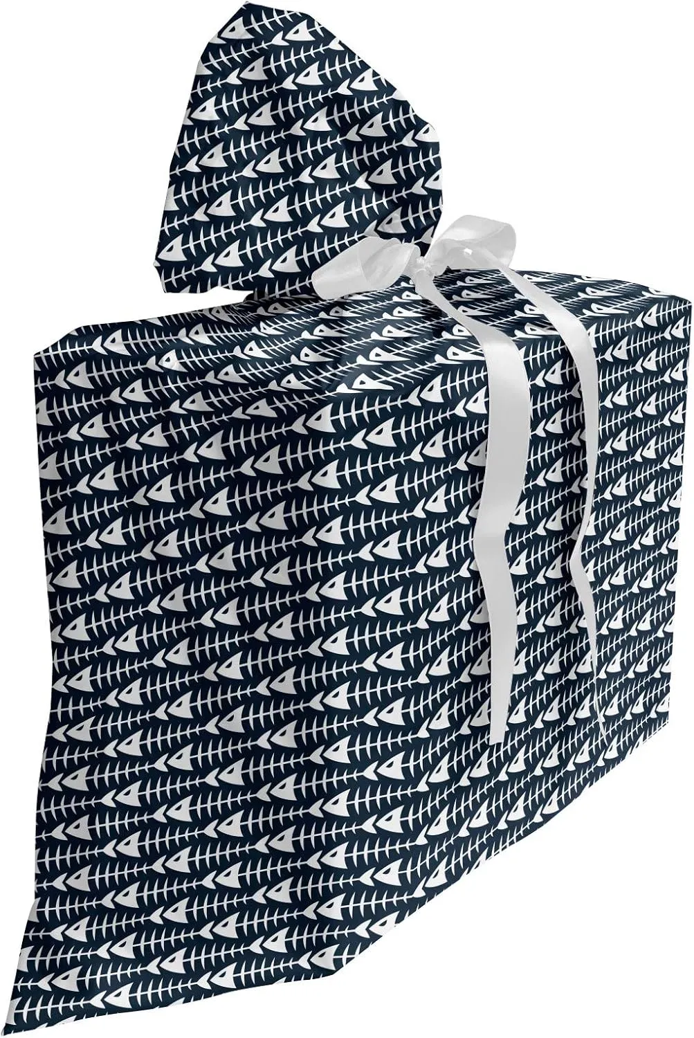 Ambesonne Animal Gift Bag, Fish Bone Skeleton Pattern Spines Sea Underwater Theme Illustration, Fabric Party Favor Pouch with 3 Ribbons, 27, Petrol Blue White