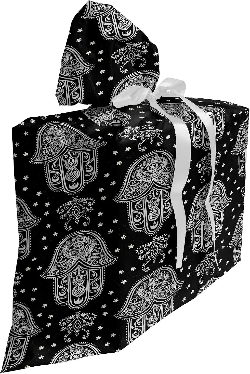 Ambesonne Black and White Gift Bag, All Seeing Eye Motif in Orient Culture Hand Design Monochrome Mandala, Fabric Party Favor Pouch with 3 Ribbons, 27" x 32", White and Black